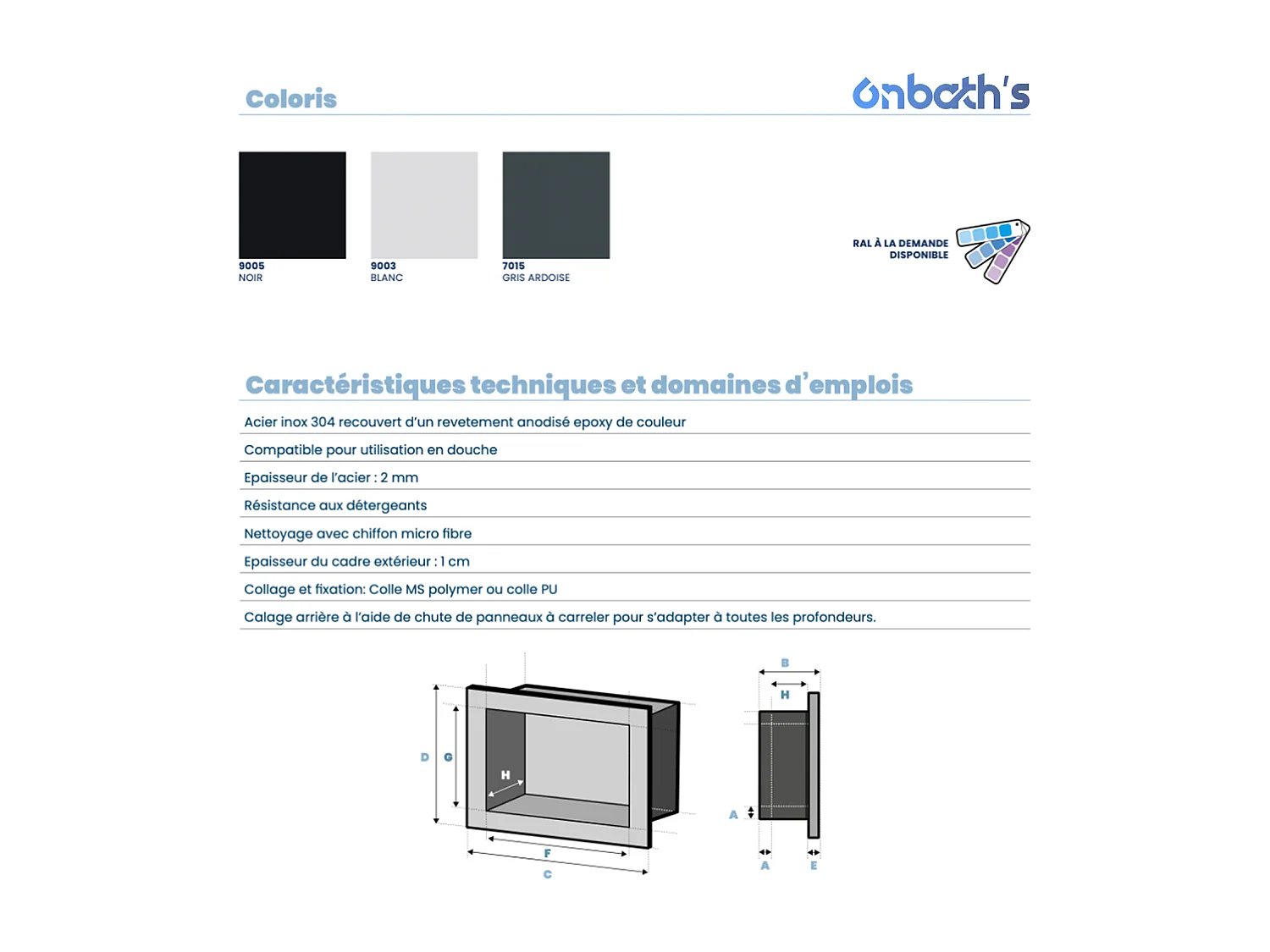 Niche design 40x20 cm encastrable en acier inox – couleur noire – NICHE4020-EN-9005-OB