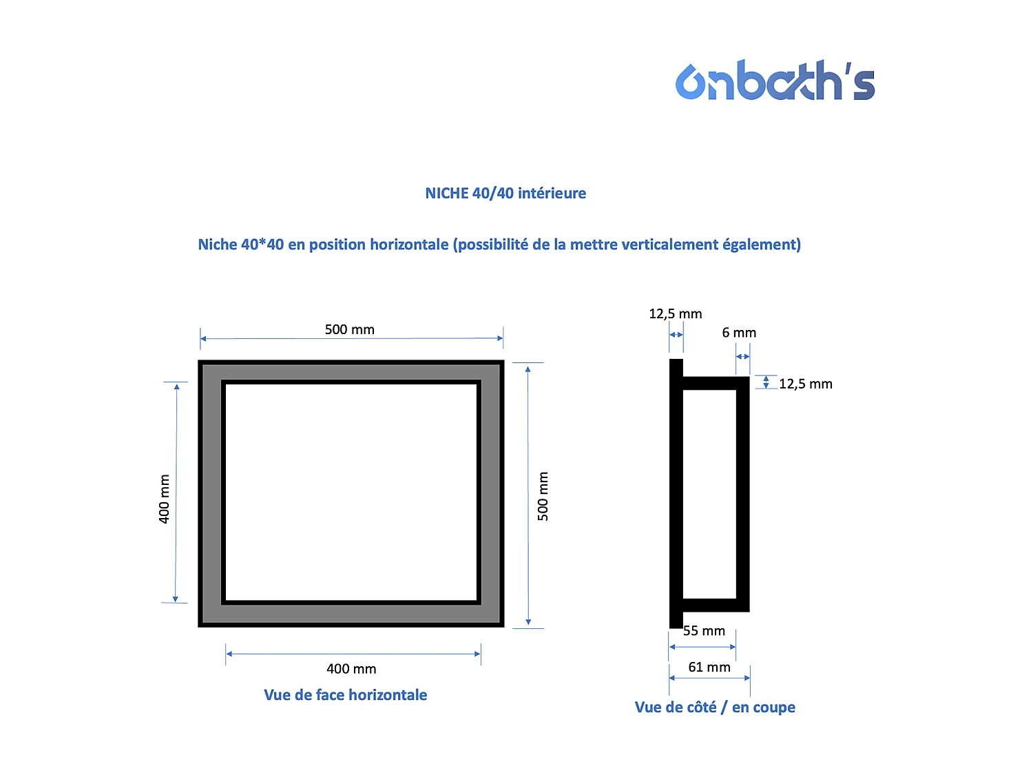 Niche à carreler étanche 40x40 cm – profondeur 6 cm – avec natte étanche – NICHE40/40-INT-OB