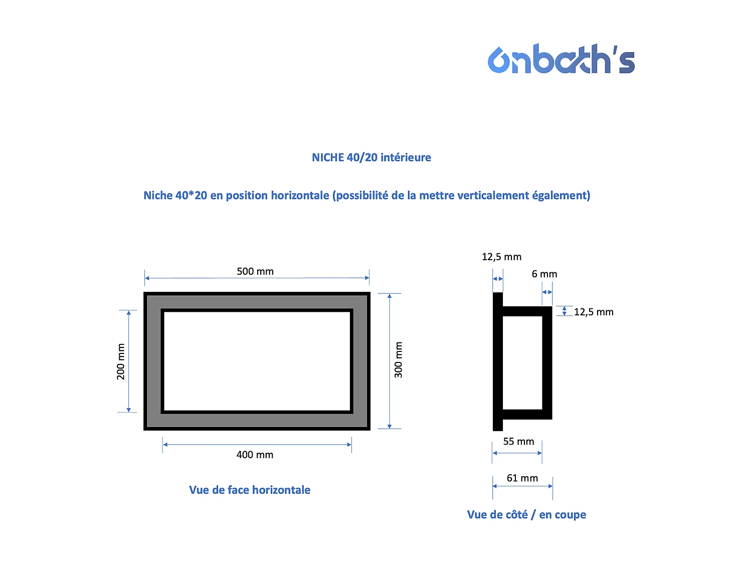 Niche à carreler étanche 40x20 cm – profondeur 6 cm – avec natte étanche – NICHE40/20-INT-OB