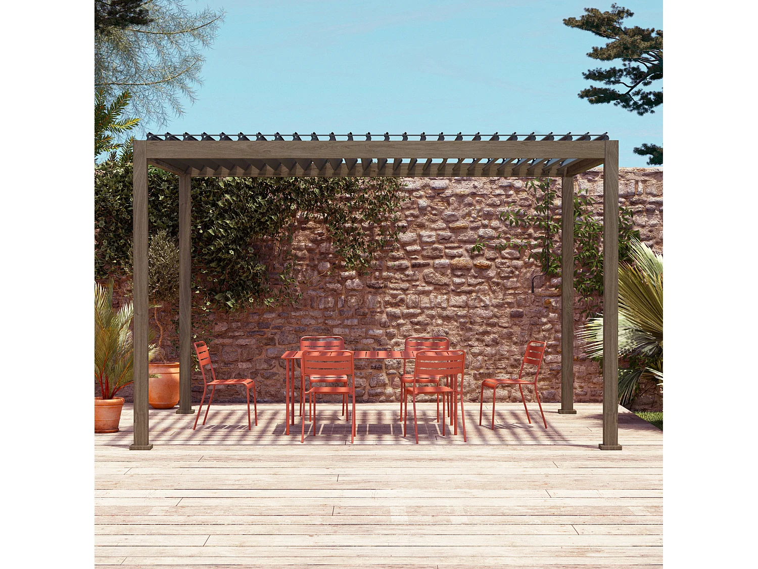 Pergola Bioclimatique coloris bois foncé – Triomphe – 3x4m. aluminium. à lames orientables