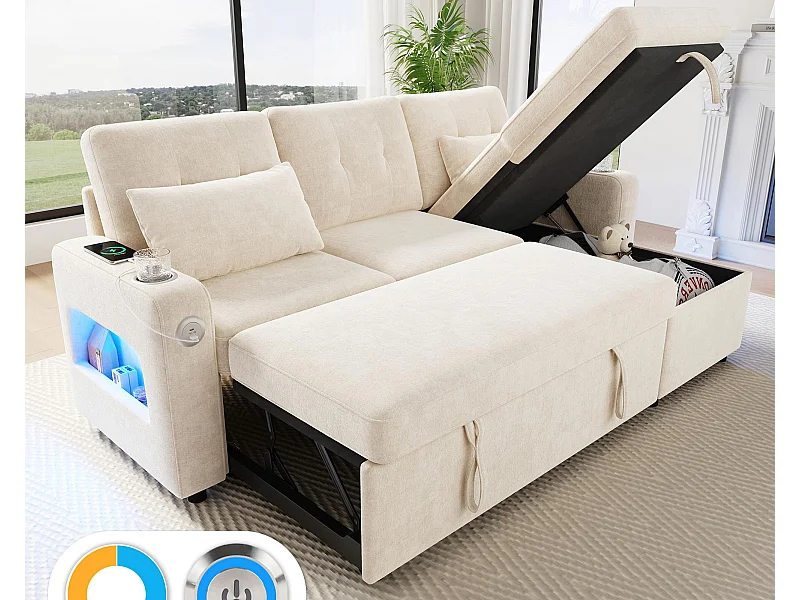 Ecksofa in L-Form - mit Stauraum - USB-/Type-C-Anschlüsse - Getränkehalter - LED-Beleuchtung - beige