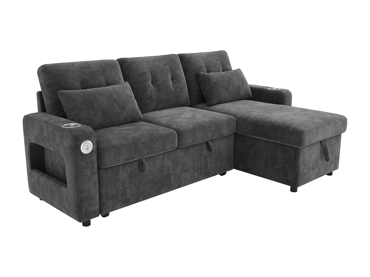 Canapé d'angle en L - avec espace de rangement - ports USB/Type-C - porte-gobelets - éclairage LED - gris