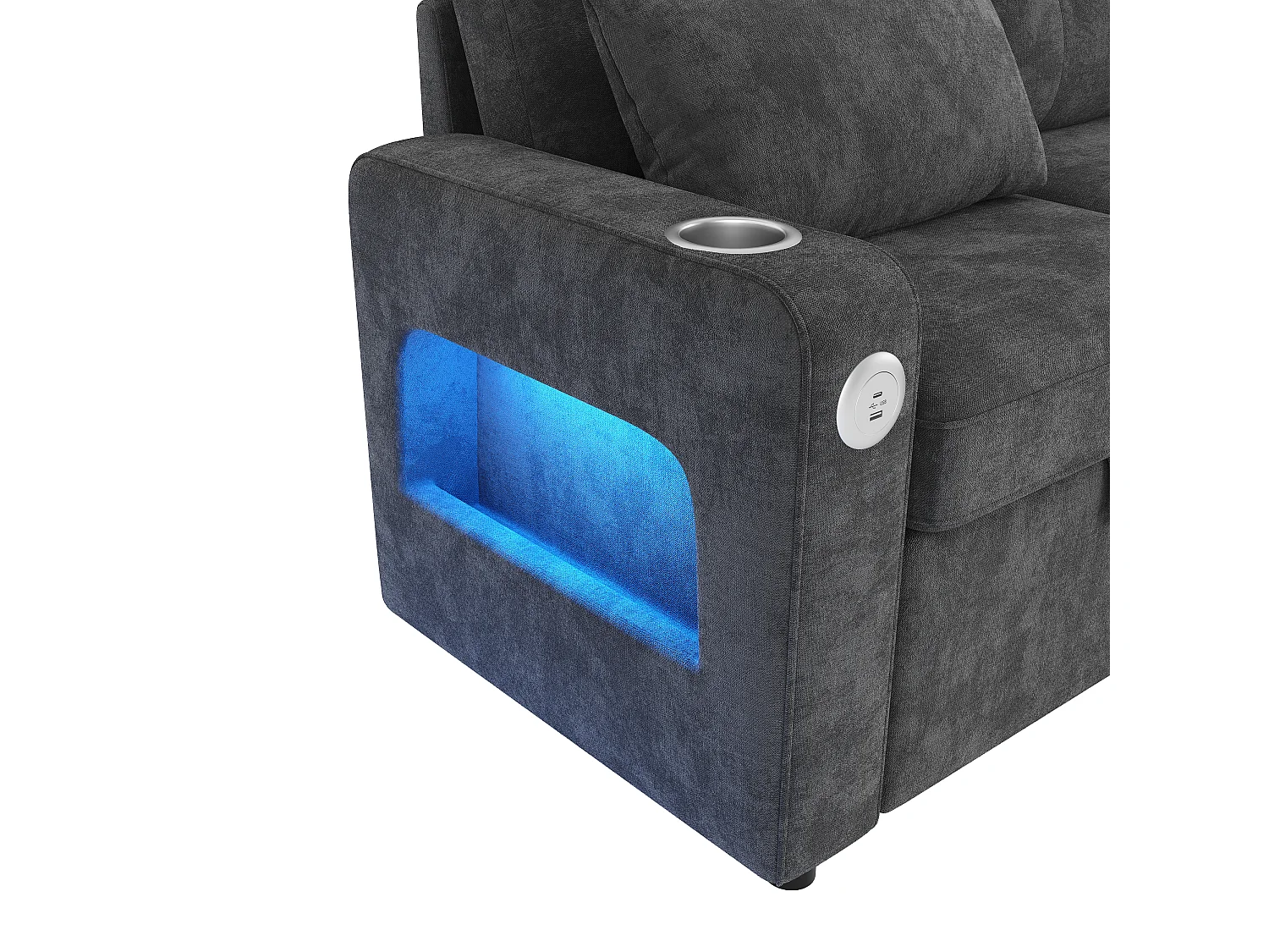 Canapé d'angle en L - avec espace de rangement - ports USB/Type-C - porte-gobelets - éclairage LED - gris