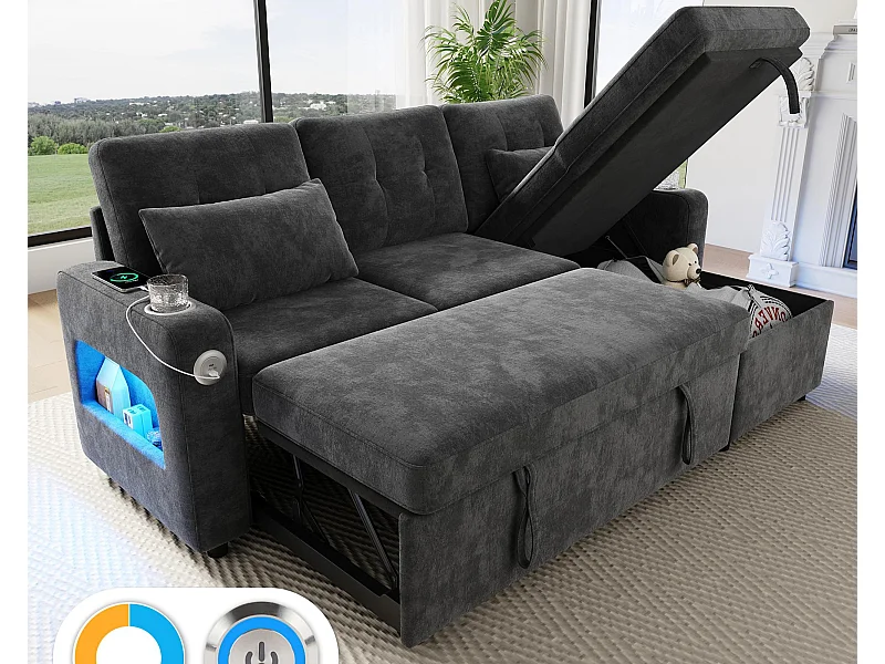 Canapé d'angle en L - avec espace de rangement - ports USB/Type-C - porte-gobelets - éclairage LED - gris