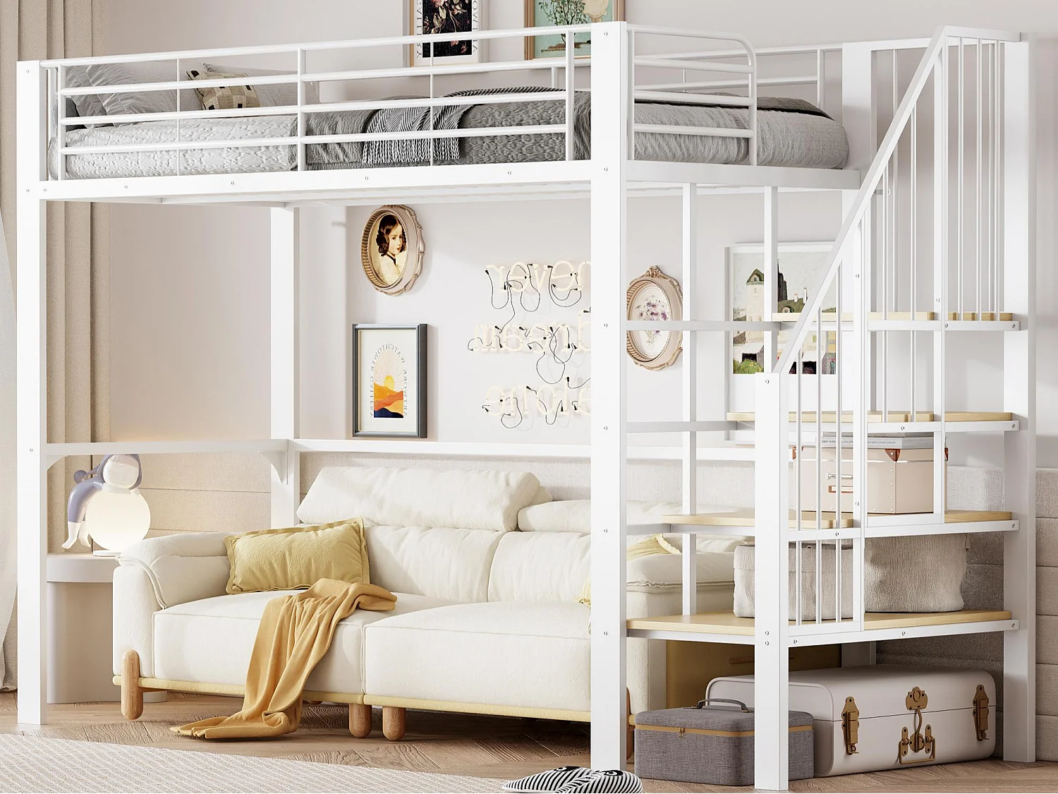 Lit mezzanine 90 x 200 cm - avec échelle de sécurité - avec barrière de sécurité - blanc (matelas non inclus)