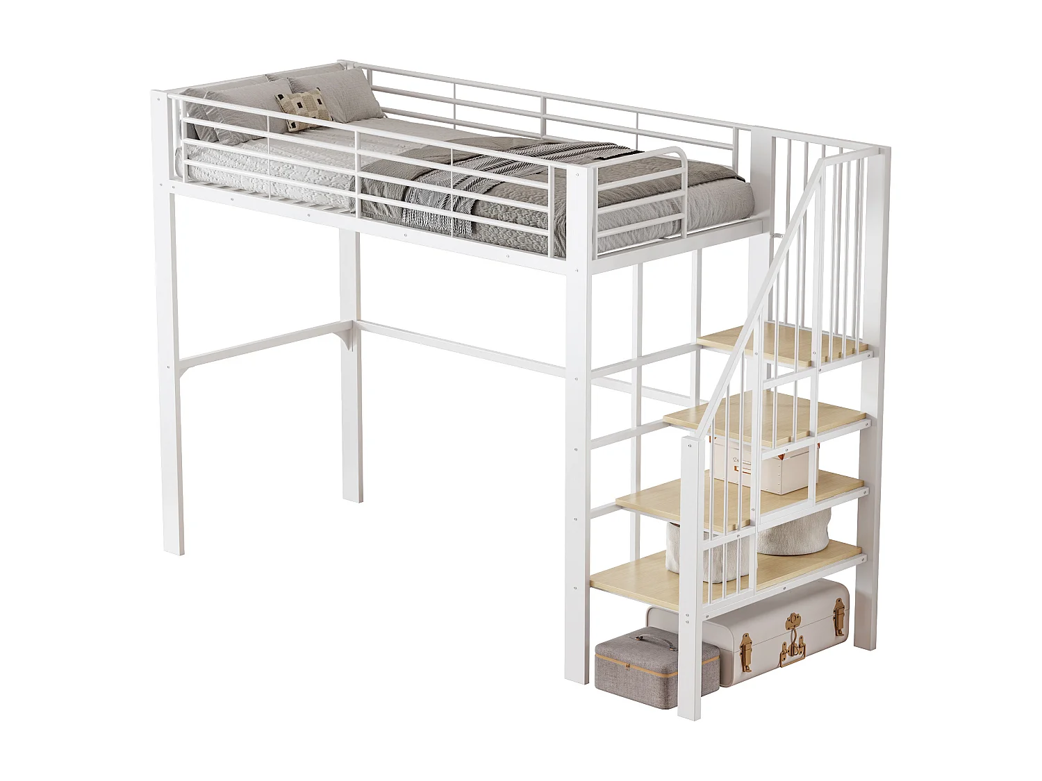 Lit mezzanine 90 x 200 cm - avec échelle de sécurité - avec barrière de sécurité - blanc (matelas non inclus)