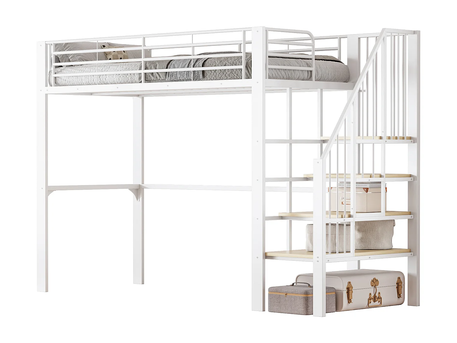 Lit mezzanine 90 x 200 cm - avec échelle de sécurité - avec barrière de sécurité - blanc (matelas non inclus)