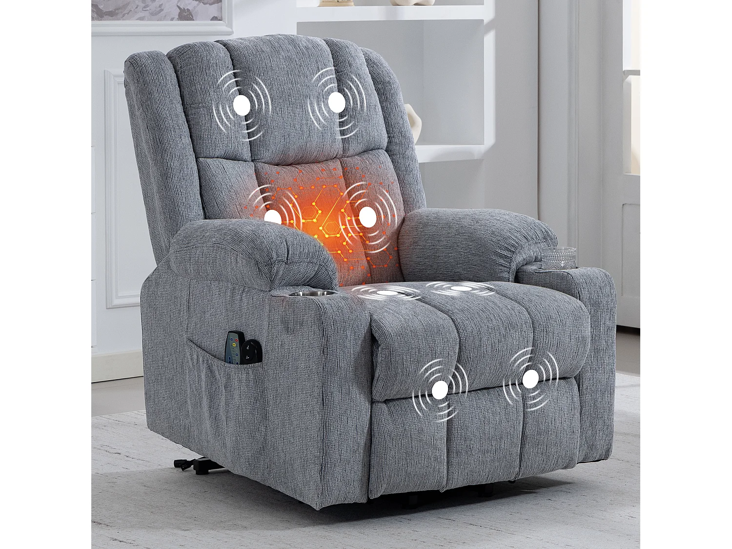 Fauteuil électrique massage et chauffante - Avec repose-pieds et 2 poches latérales - Tissu gris clair