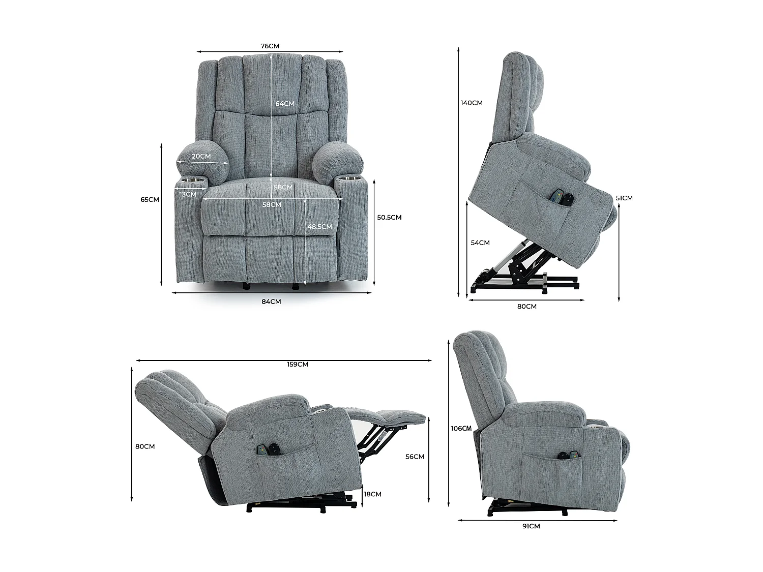 Fauteuil électrique massage et chauffante - Avec repose-pieds et 2 poches latérales - Tissu gris clair
