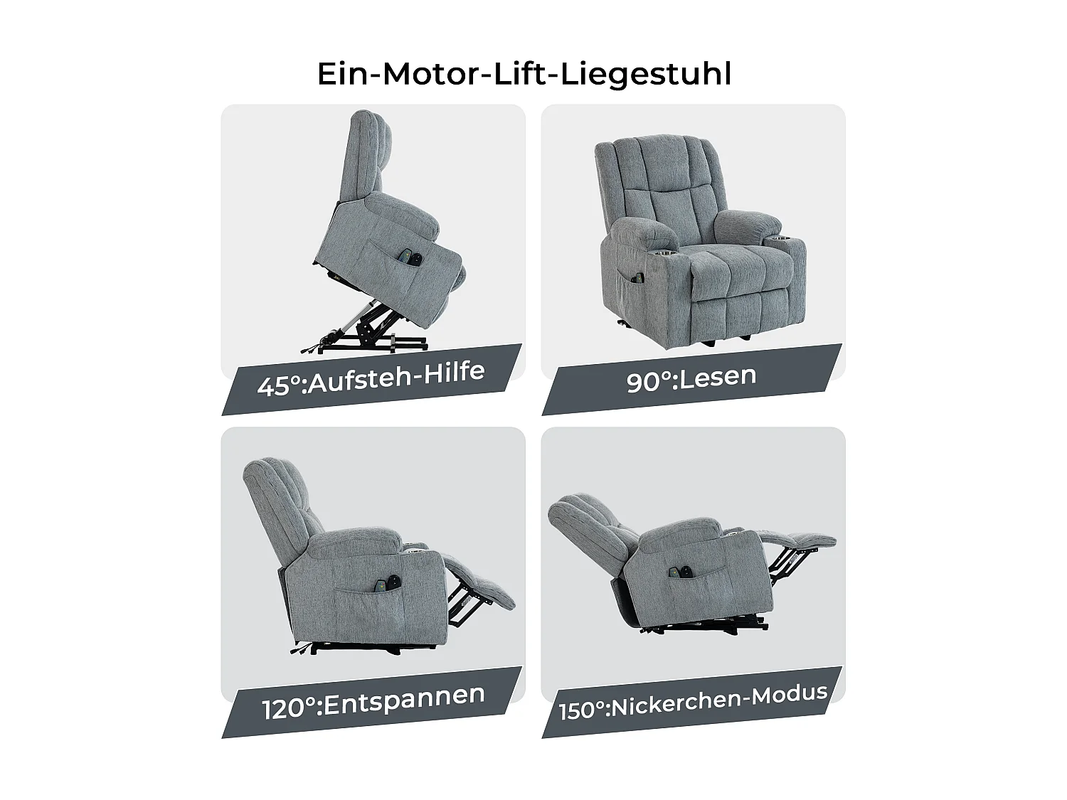 Fauteuil électrique massage et chauffante - Avec repose-pieds et 2 poches latérales - Tissu gris clair