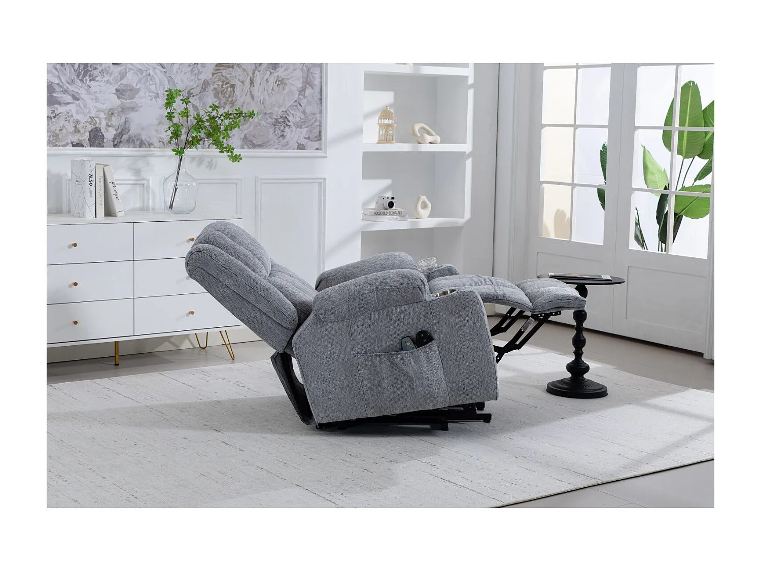 Fauteuil électrique massage et chauffante - Avec repose-pieds et 2 poches latérales - Tissu gris clair