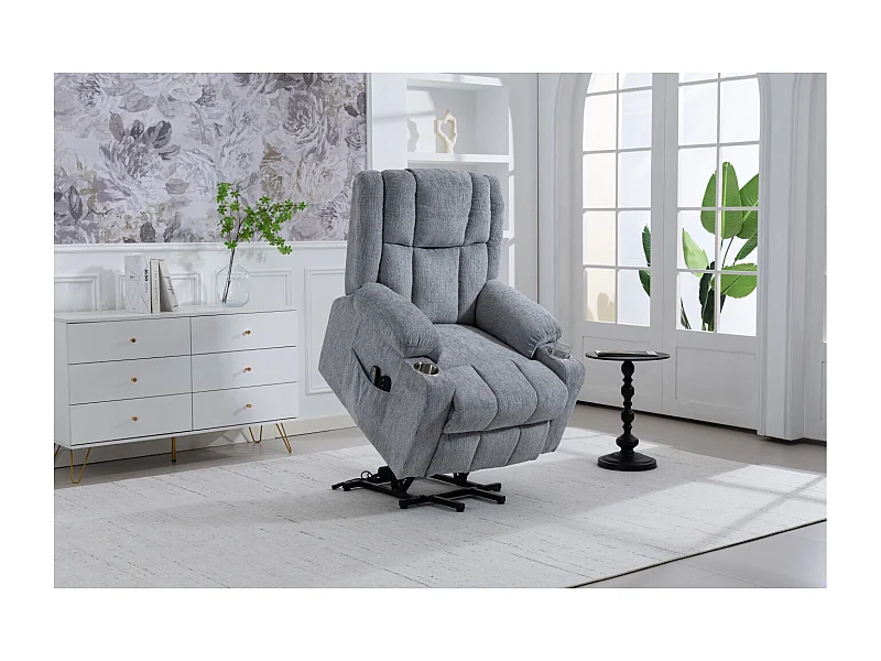 Fauteuil électrique massage et chauffante - Avec repose-pieds et 2 poches latérales - Tissu gris clair