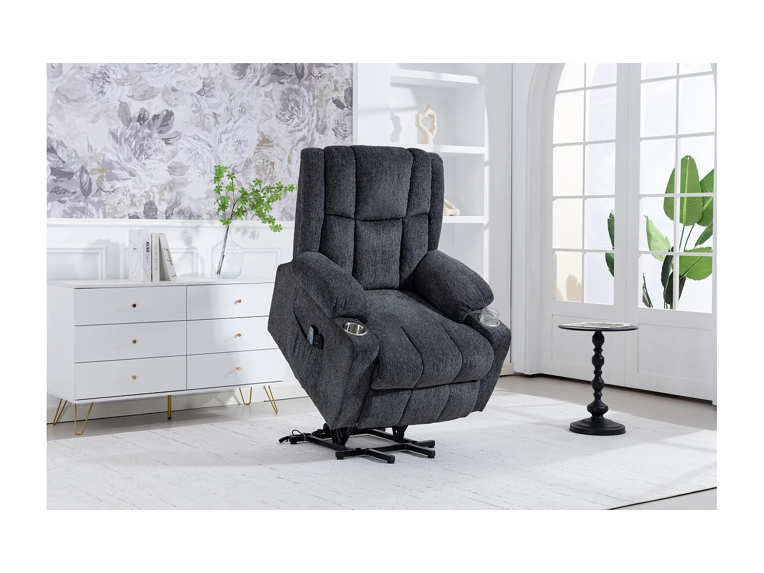 Fauteuil électrique massage et chauffante - Avec repose-pieds et 2 poches latérales - Tissu gris foncé