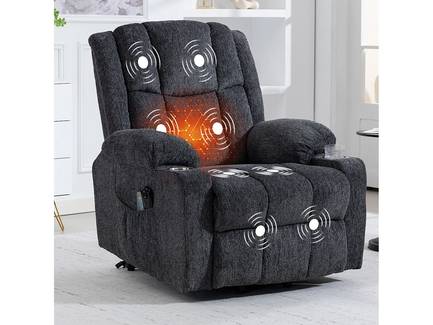 Fauteuil électrique massage et chauffante - Avec repose-pieds et 2 poches latérales - Tissu gris foncé