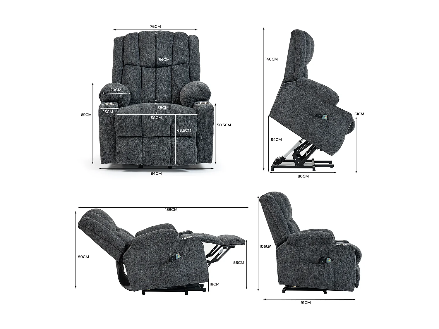 Fauteuil électrique massage et chauffante - Avec repose-pieds et 2 poches latérales - Tissu gris foncé