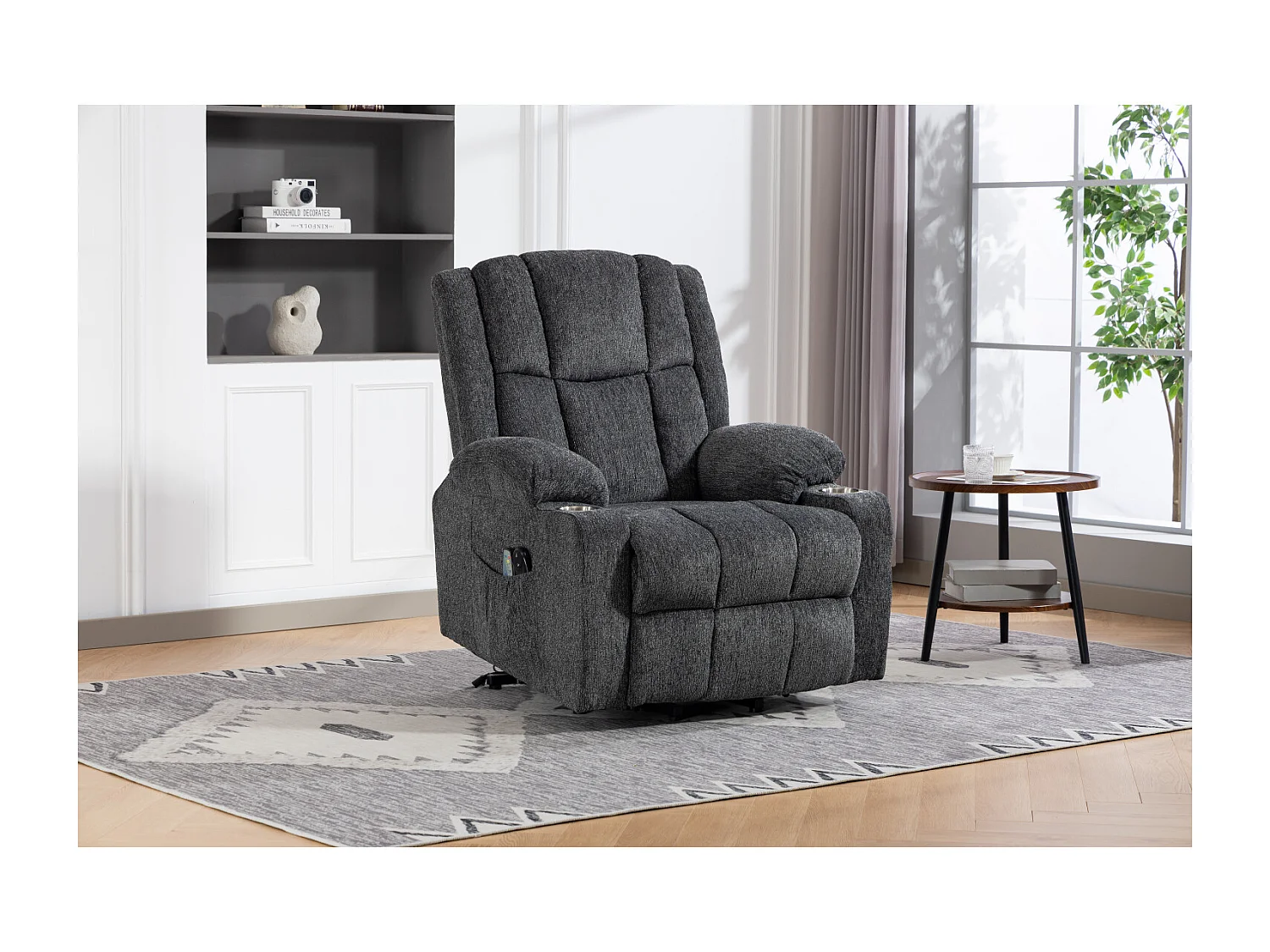 Fauteuil électrique massage et chauffante - Avec repose-pieds et 2 poches latérales - Tissu gris foncé