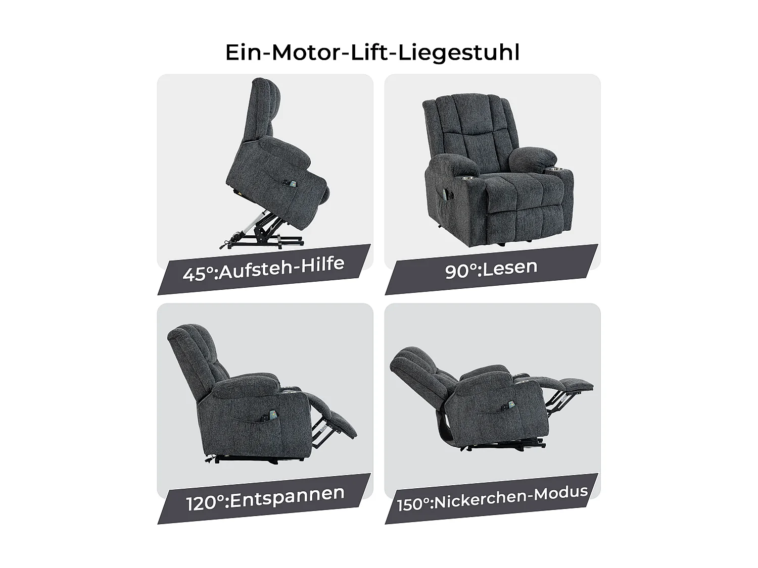 Fauteuil électrique massage et chauffante - Avec repose-pieds et 2 poches latérales - Tissu gris foncé