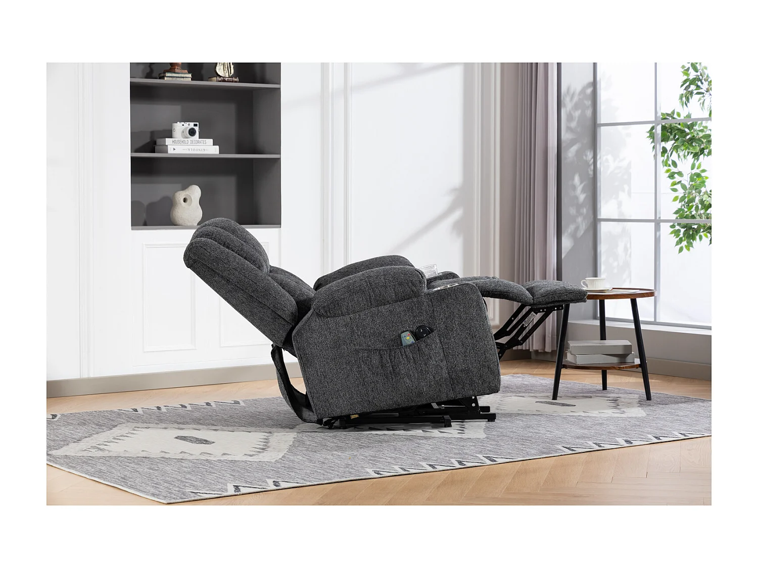 Fauteuil électrique massage et chauffante - Avec repose-pieds et 2 poches latérales - Tissu gris foncé