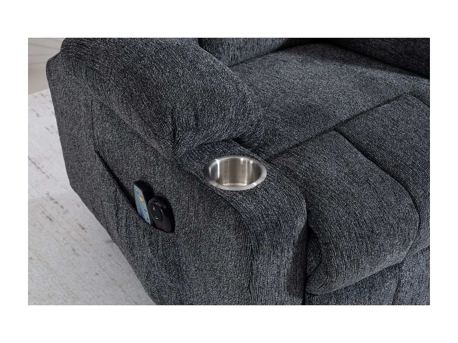 Fauteuil électrique massage et chauffante - Avec repose-pieds et 2 poches latérales - Tissu gris foncé