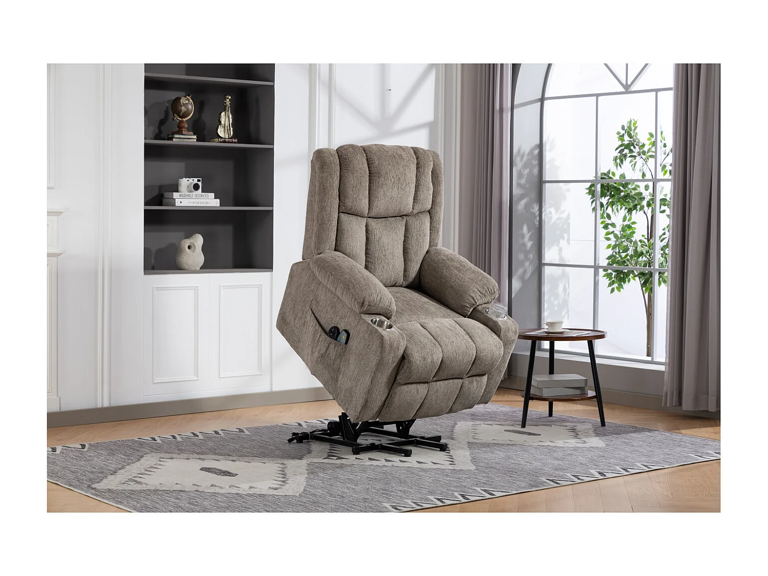 Fauteuil électrique massage et chauffante - Avec repose-pieds et 2 poches latérales - Tissu brun clair