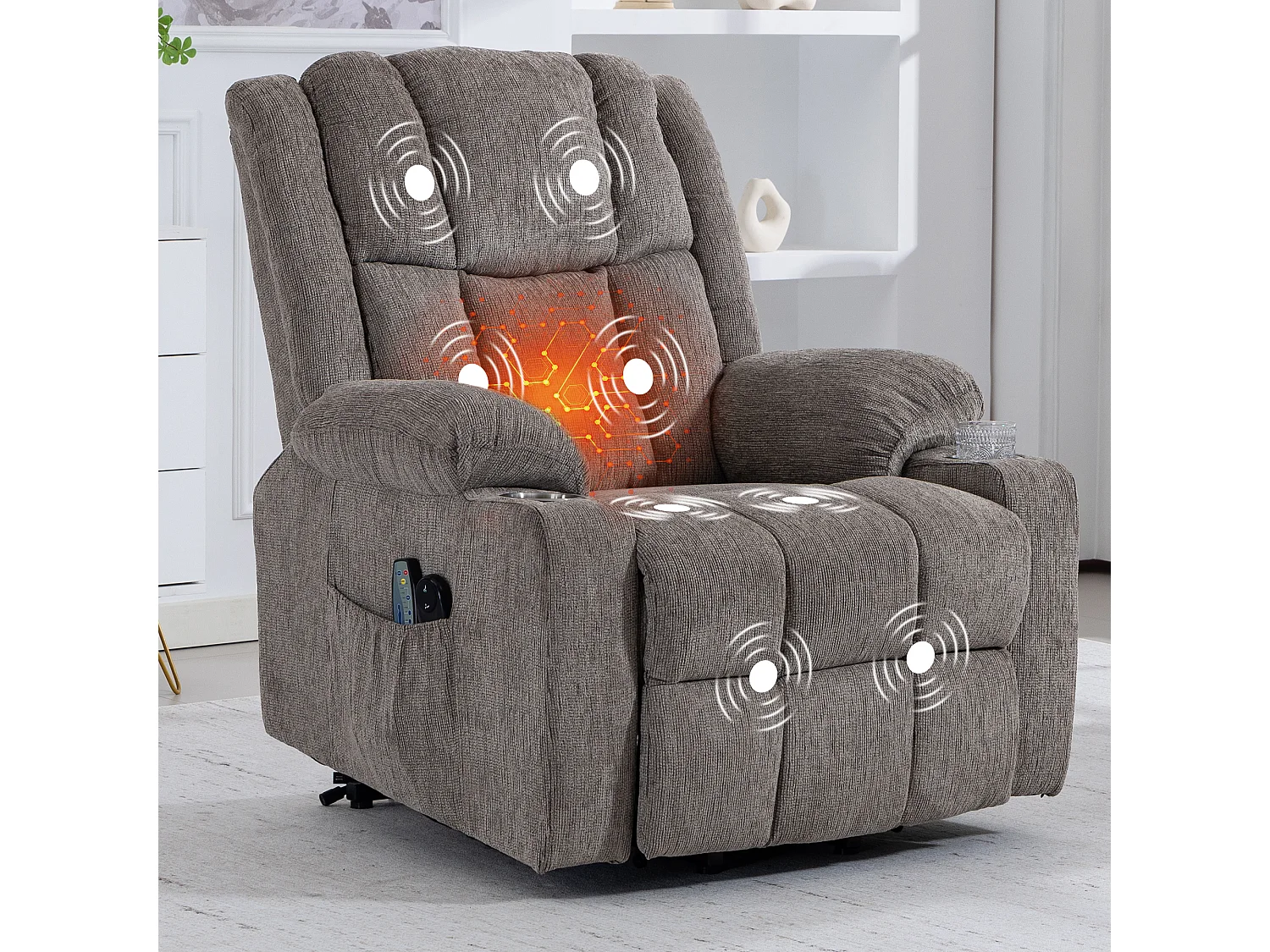 Fauteuil électrique massage et chauffante - Avec repose-pieds et 2 poches latérales - Tissu brun clair