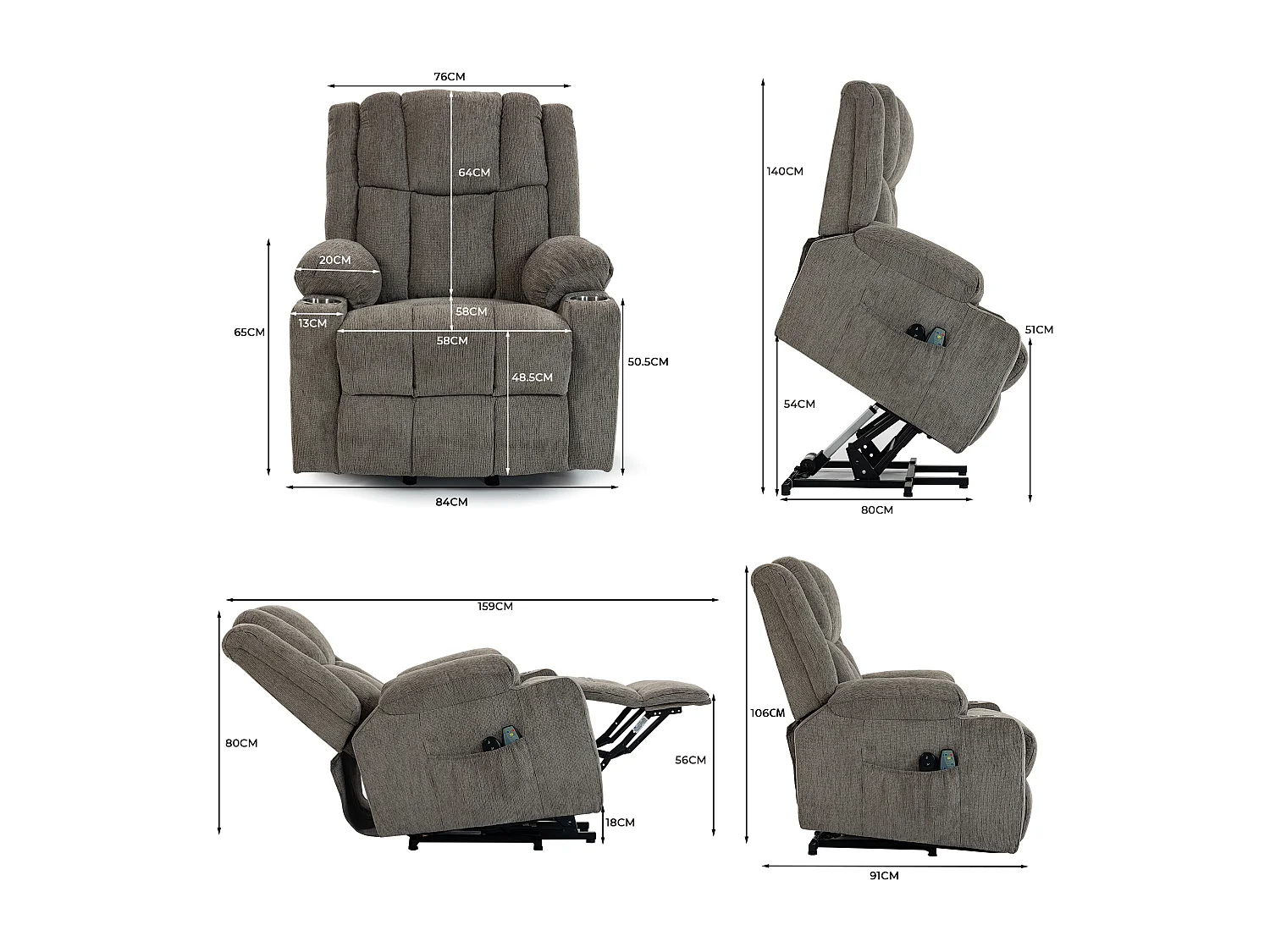 Fauteuil électrique massage et chauffante - Avec repose-pieds et 2 poches latérales - Tissu brun clair