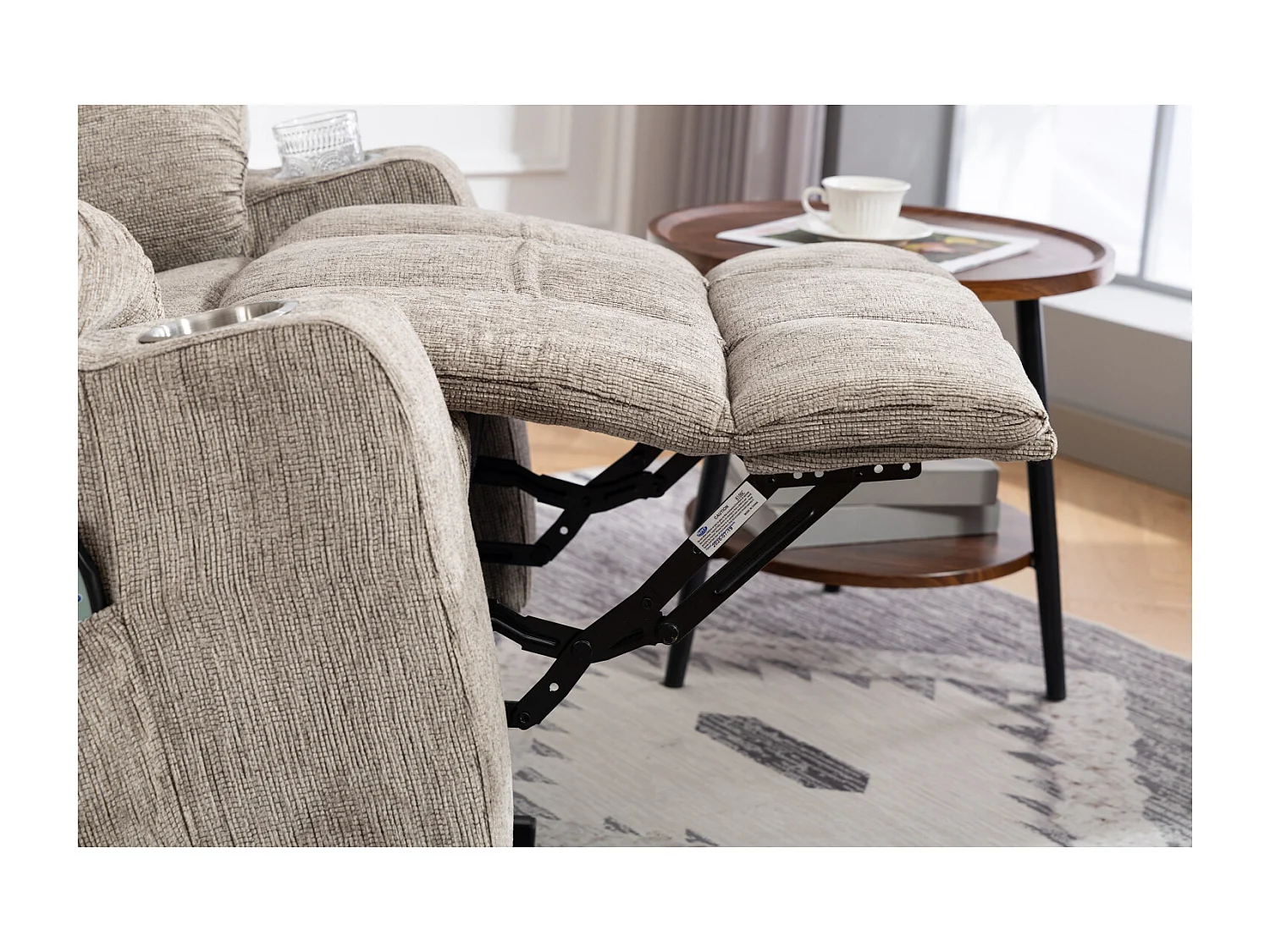 Fauteuil électrique massage et chauffante - Avec repose-pieds et 2 poches latérales - Tissu brun clair