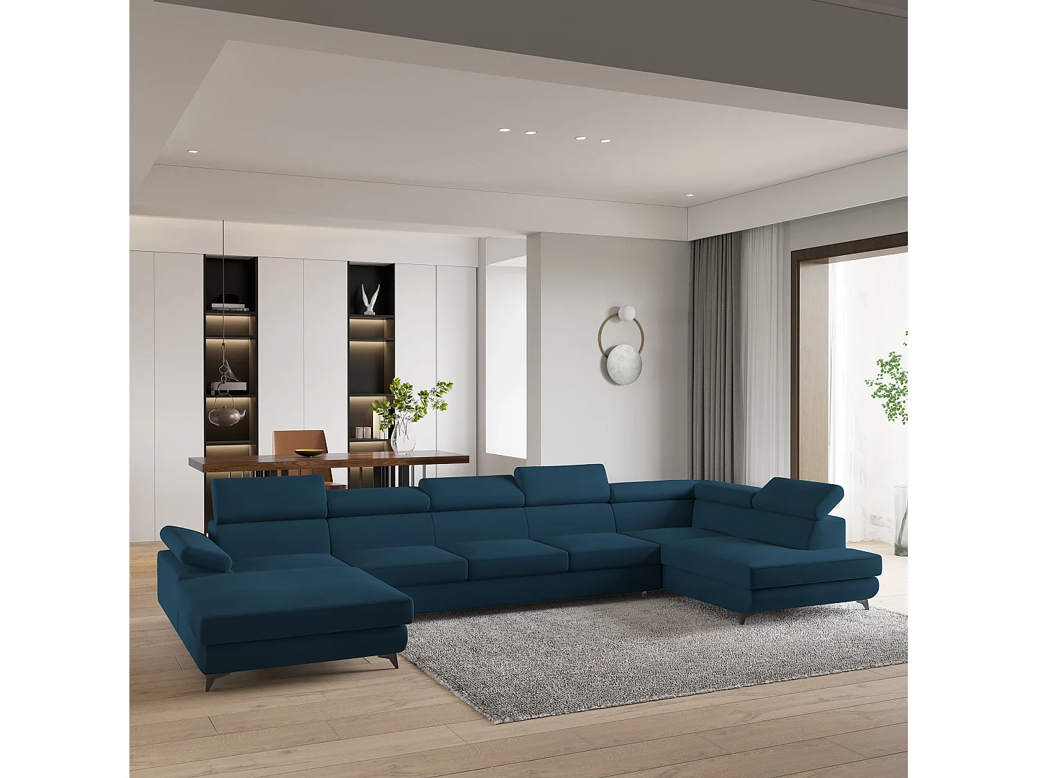 Hoekbank MONTIVA van fluweel met slaapfunctie Blau