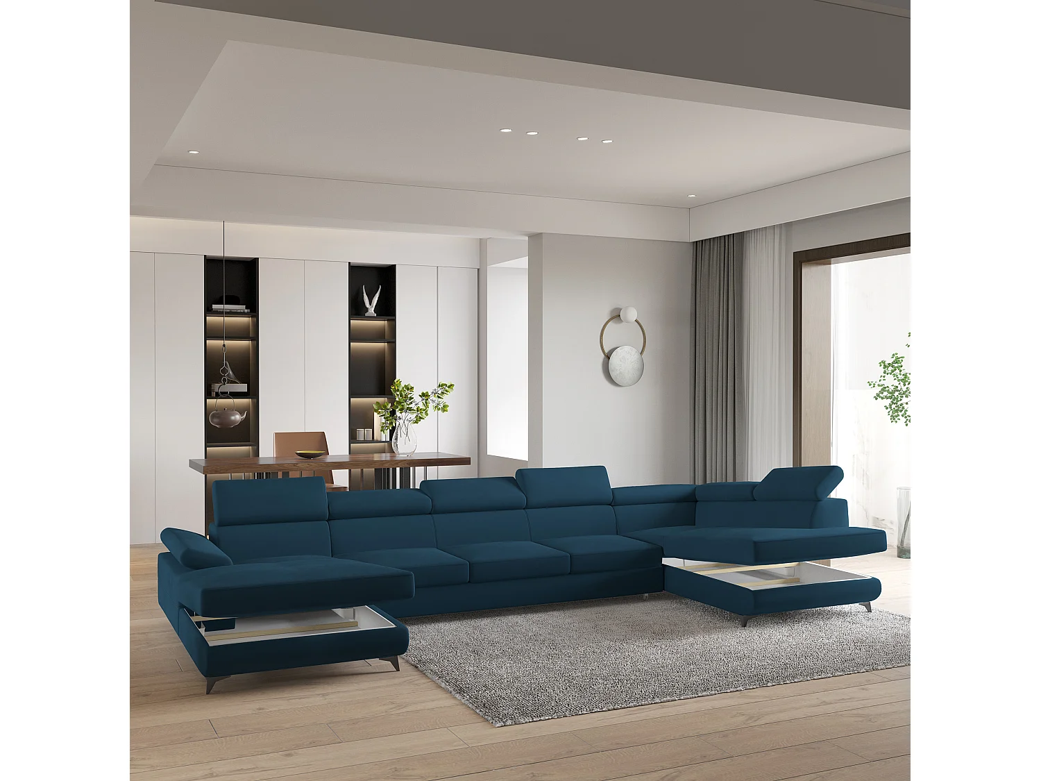 Hoekbank MONTIVA van fluweel met slaapfunctie Blau