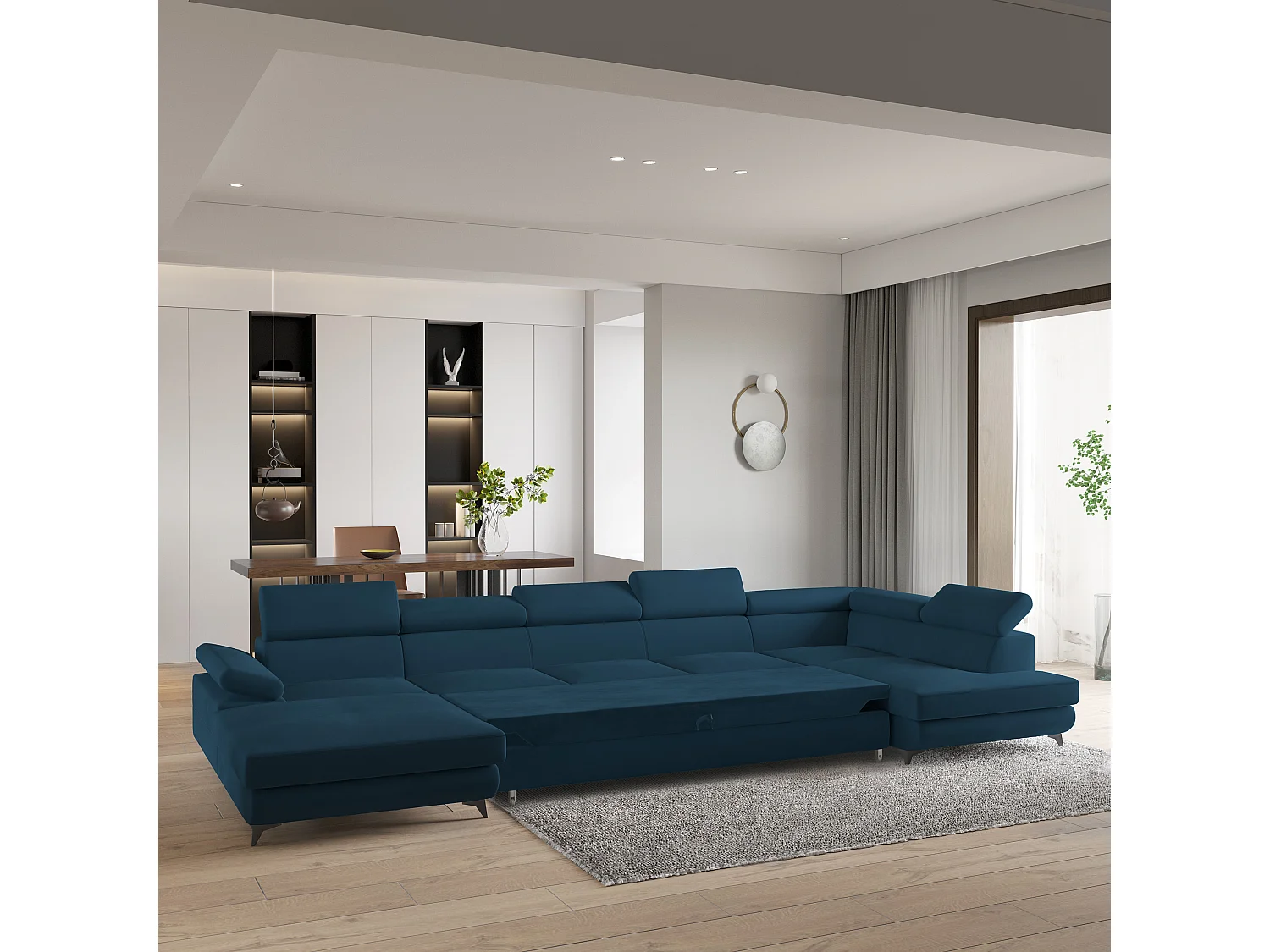 Hoekbank MONTIVA van fluweel met slaapfunctie Blau