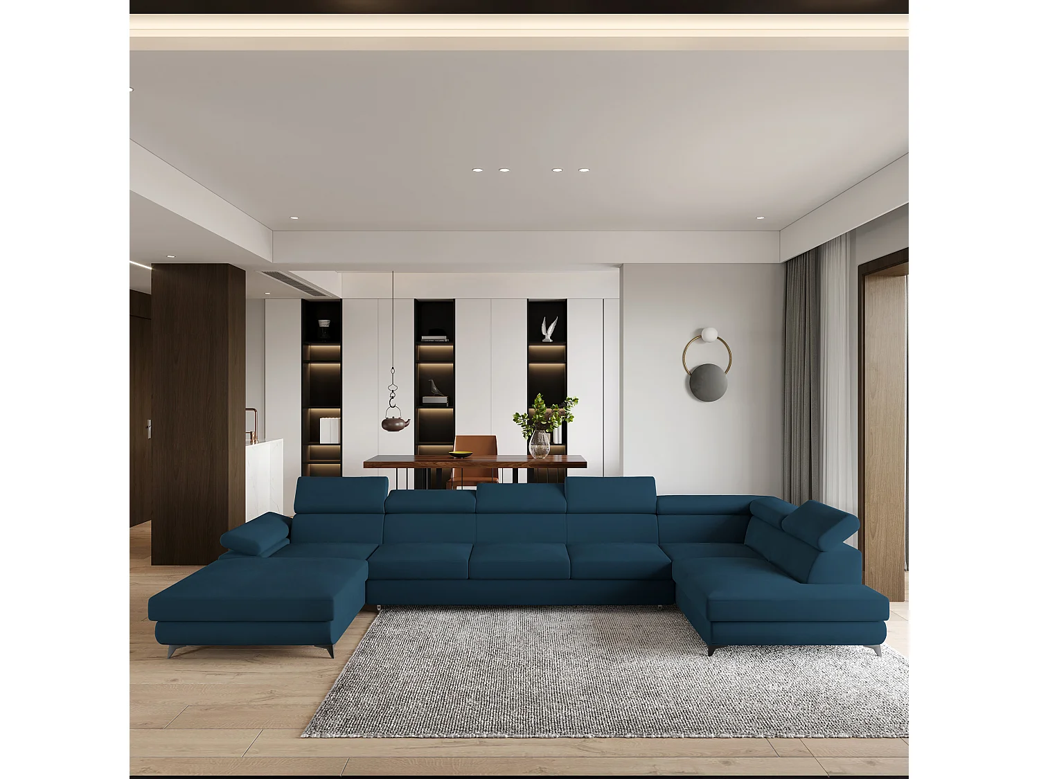 Hoekbank MONTIVA van fluweel met slaapfunctie Blau