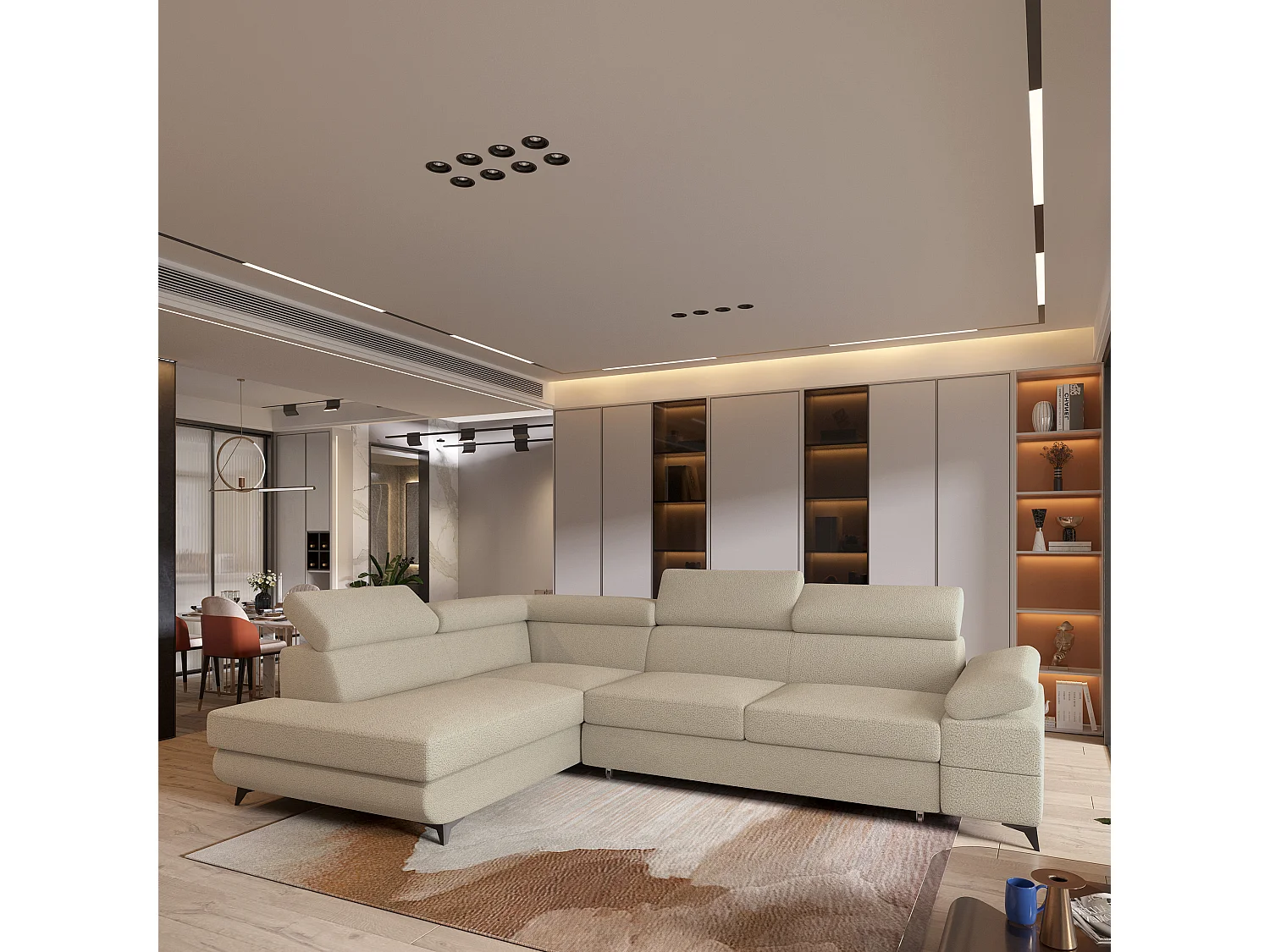 Hoekbank FAVIEN van fluweel met slaapfunctie Beige