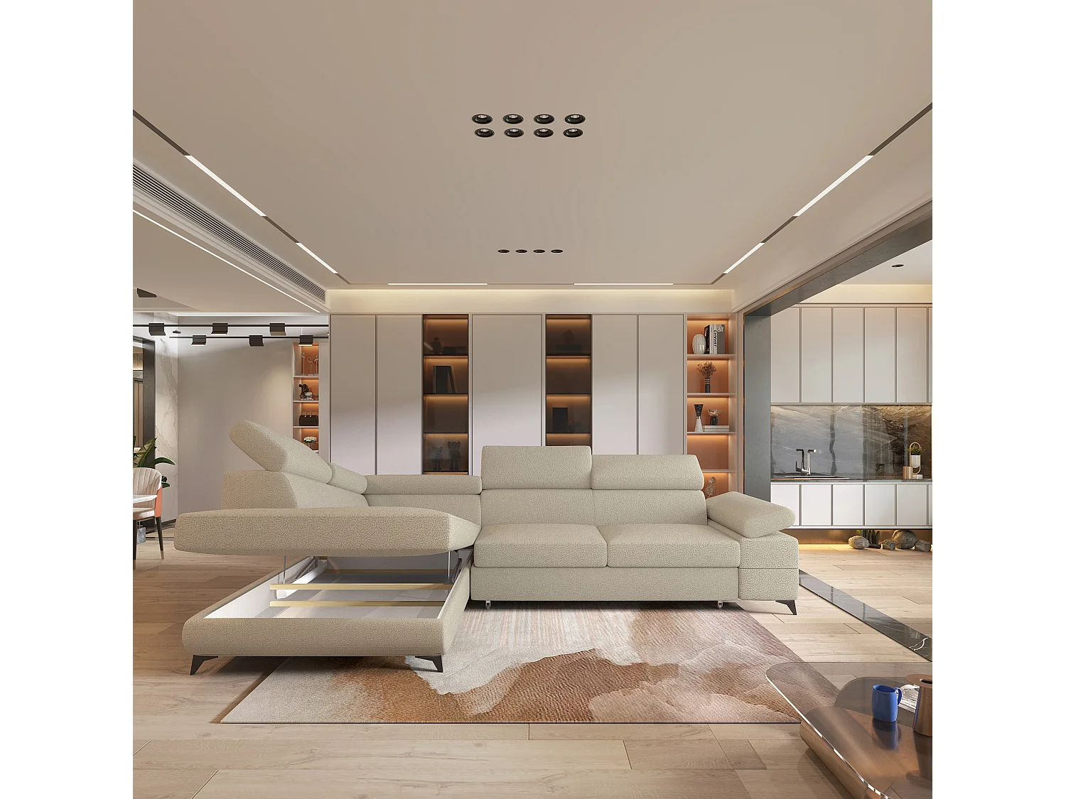 Hoekbank FAVIEN van fluweel met slaapfunctie Beige