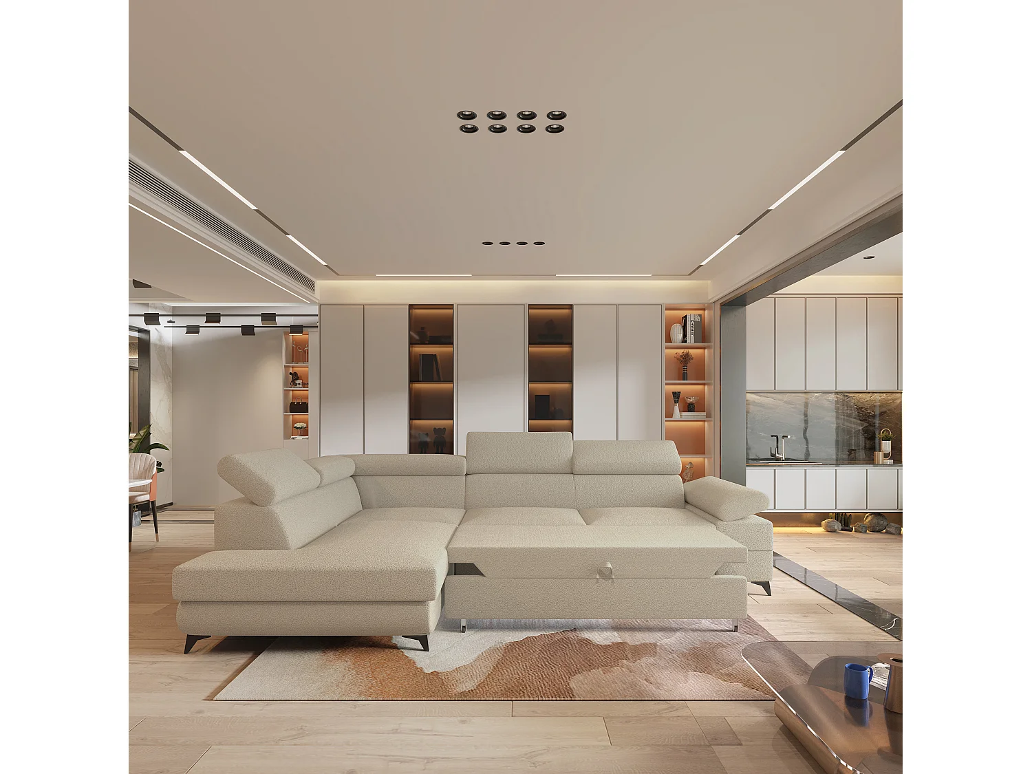 Hoekbank FAVIEN van fluweel met slaapfunctie Beige