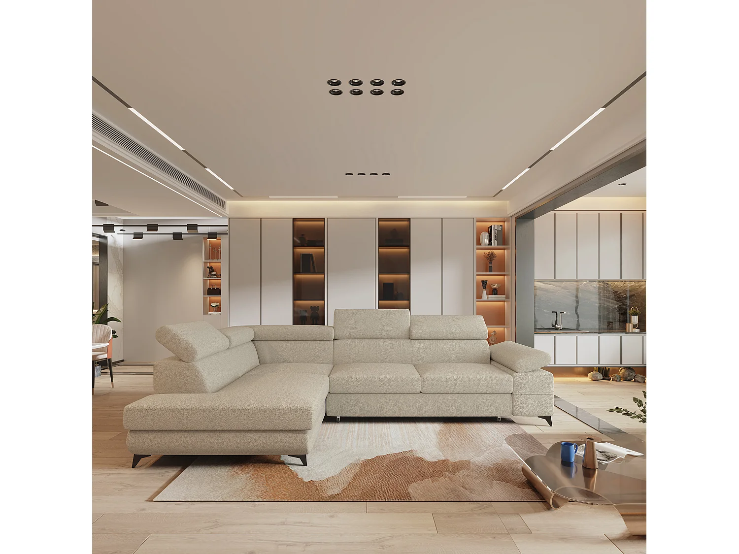 Hoekbank FAVIEN van fluweel met slaapfunctie Beige