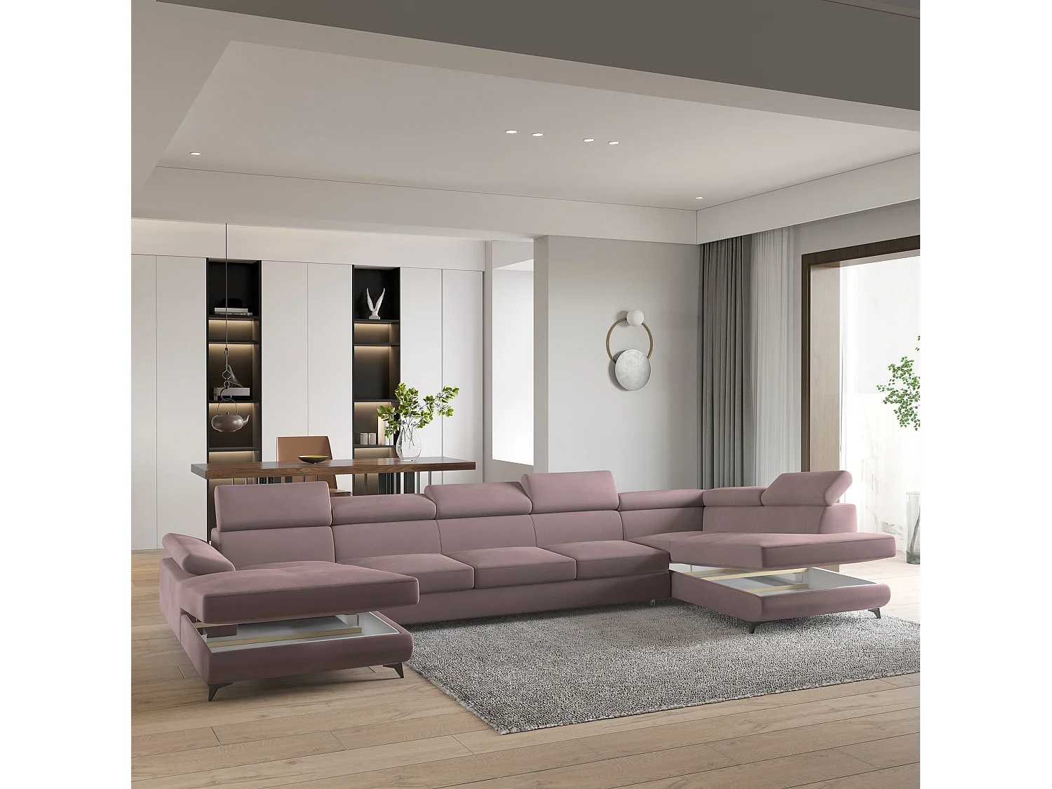 Hoekbank MONTIVA van fluweel met slaapfunctie Lila