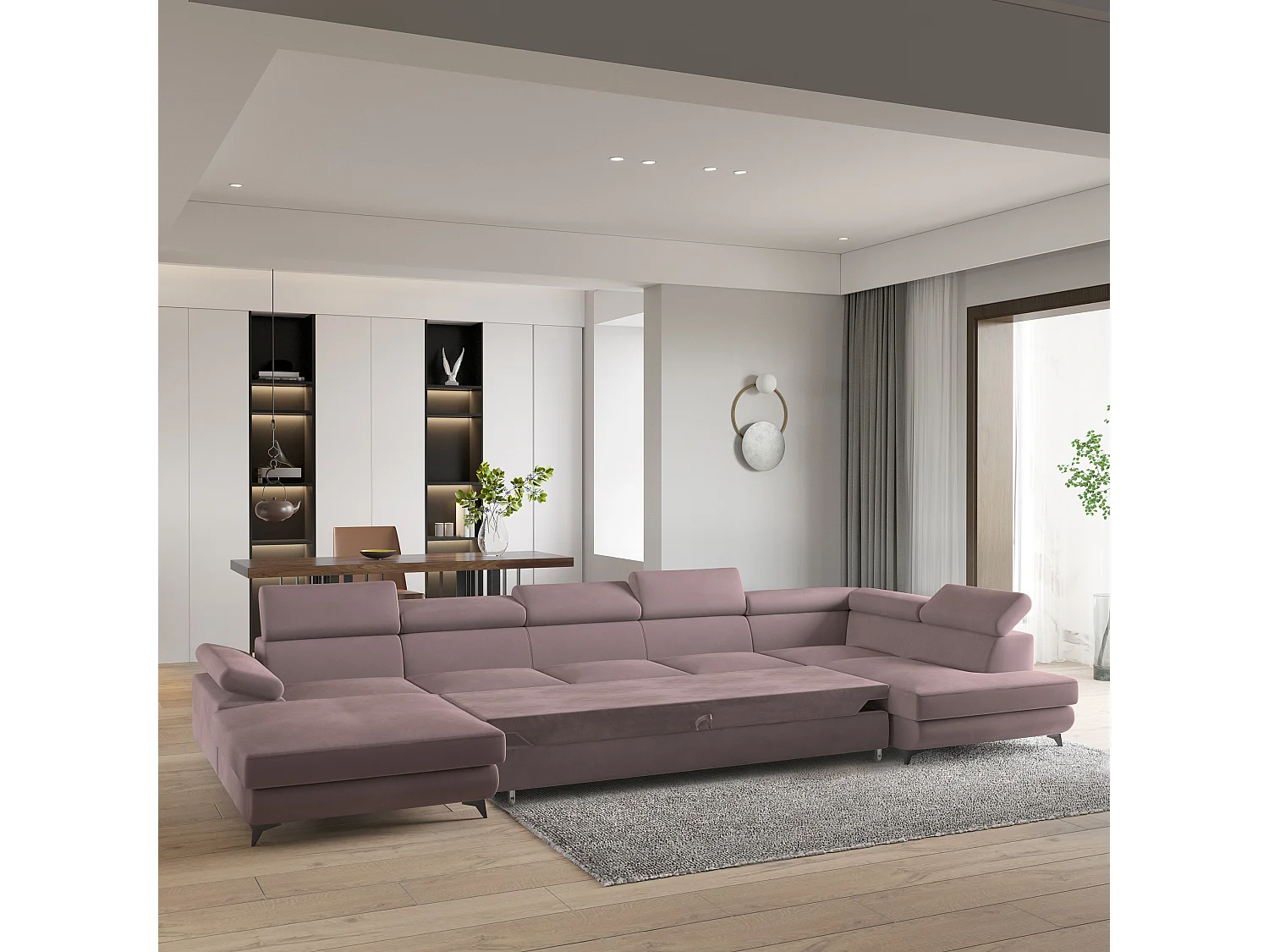 Hoekbank MONTIVA van fluweel met slaapfunctie Lila