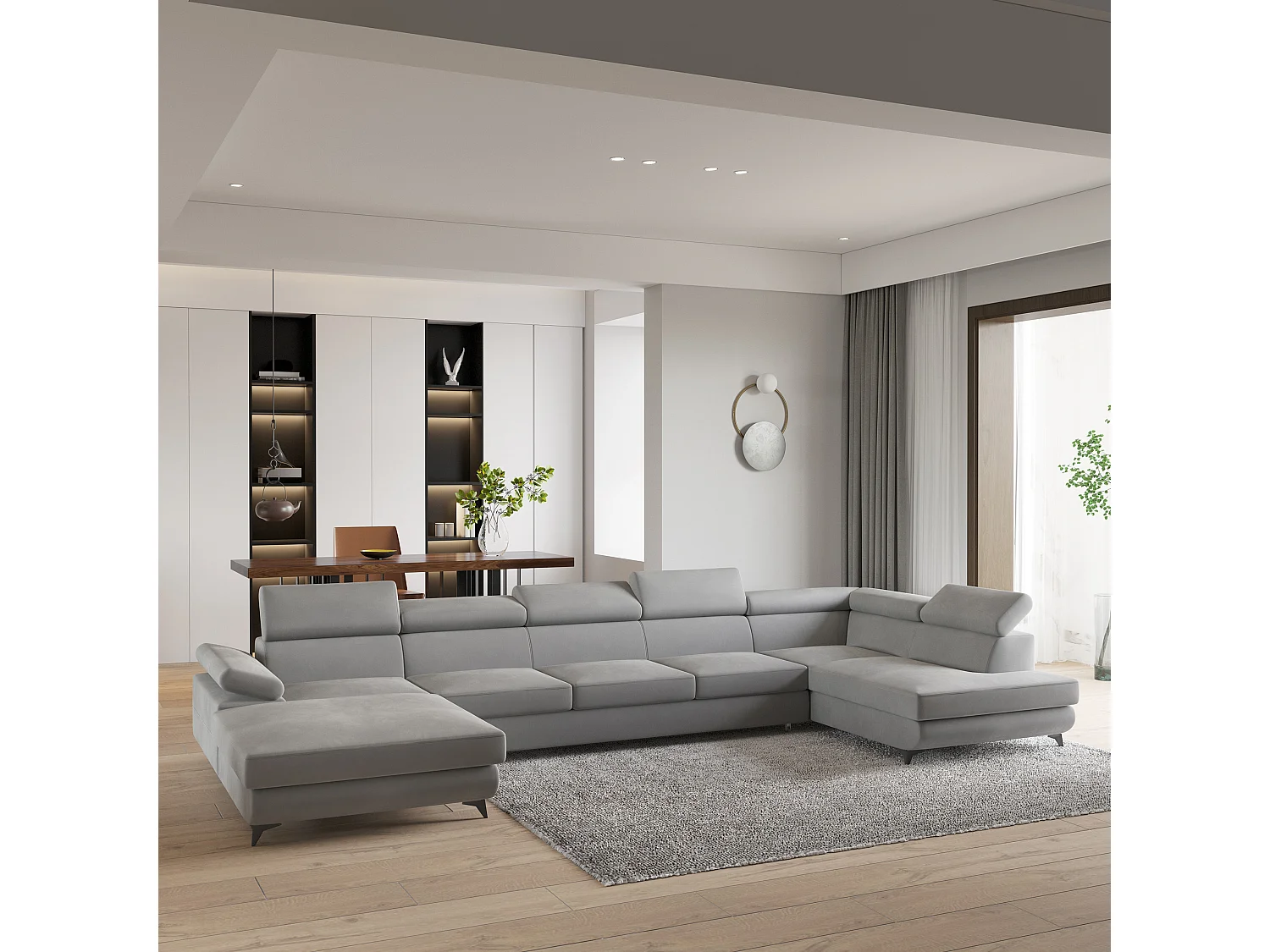 Hoekbank MONTIVA van fluweel met slaapfunctie Hellgrau