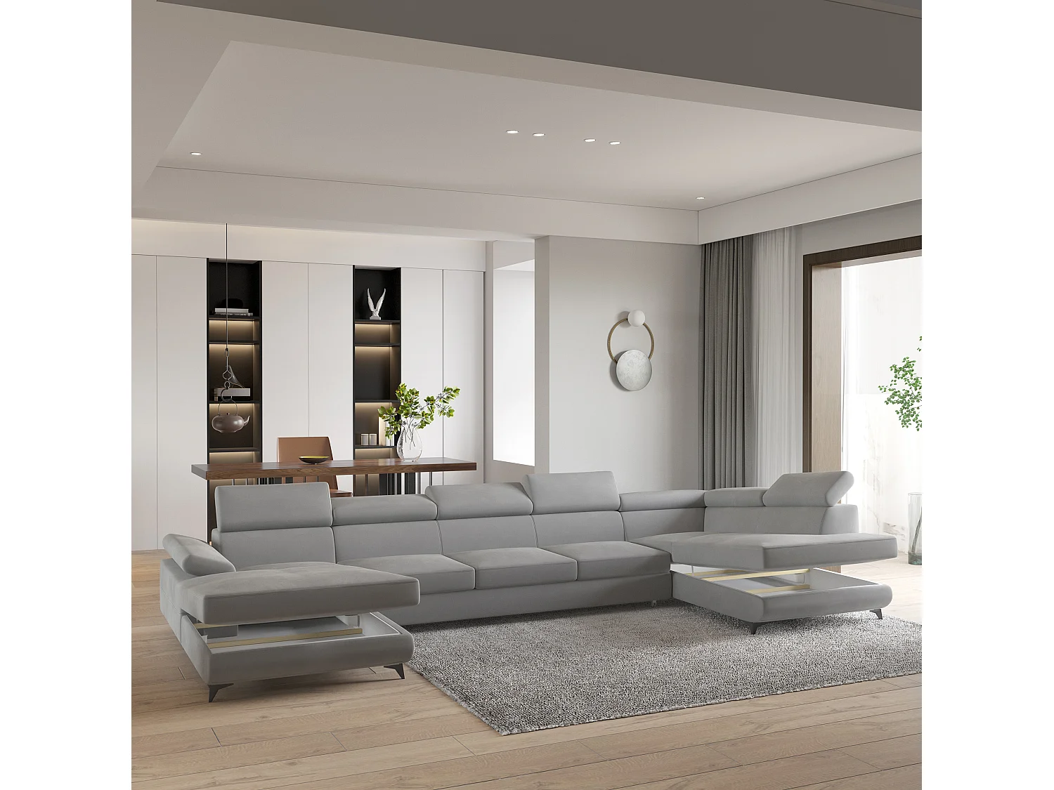 Hoekbank MONTIVA van fluweel met slaapfunctie Hellgrau