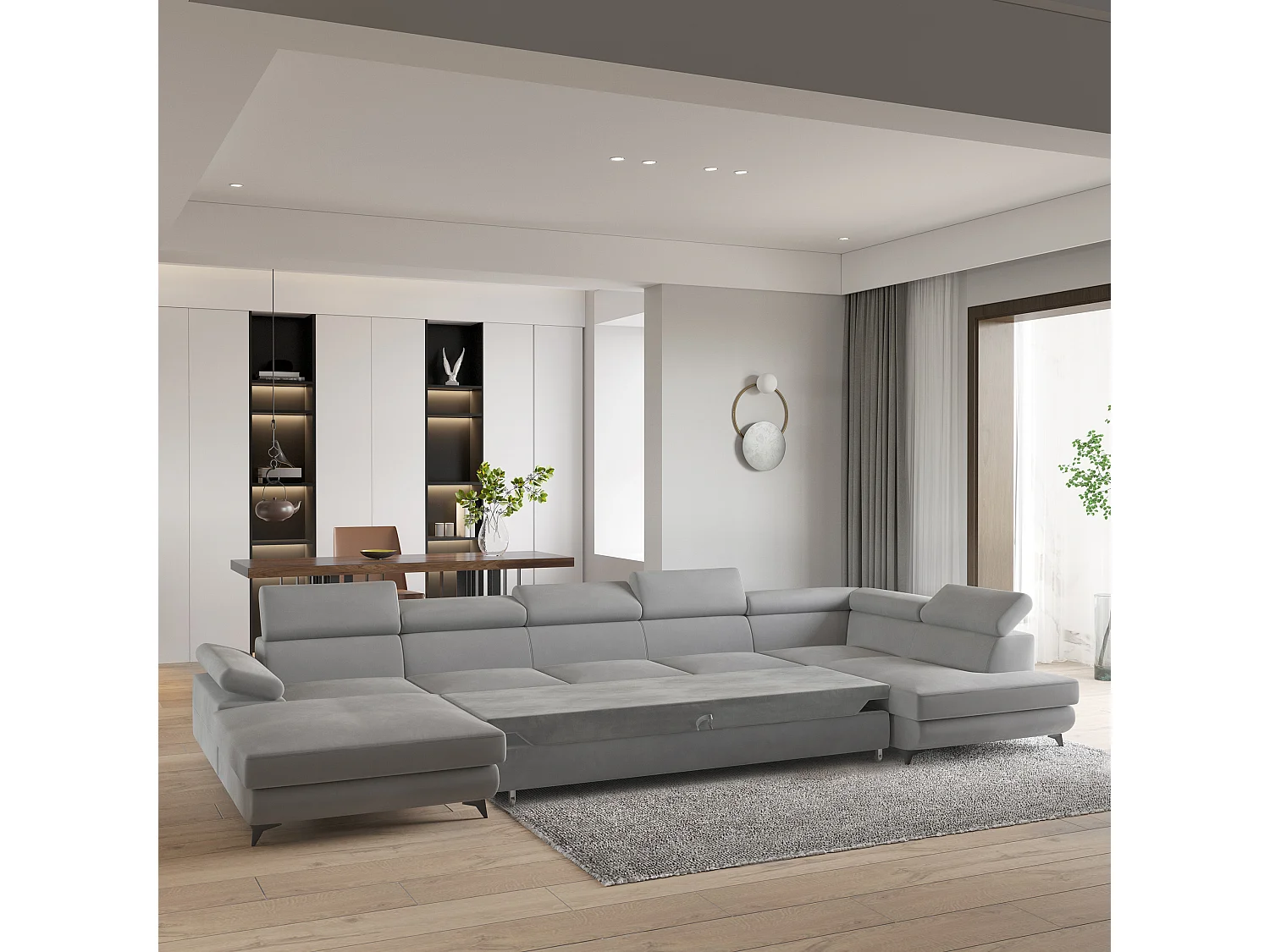 Hoekbank MONTIVA van fluweel met slaapfunctie Hellgrau