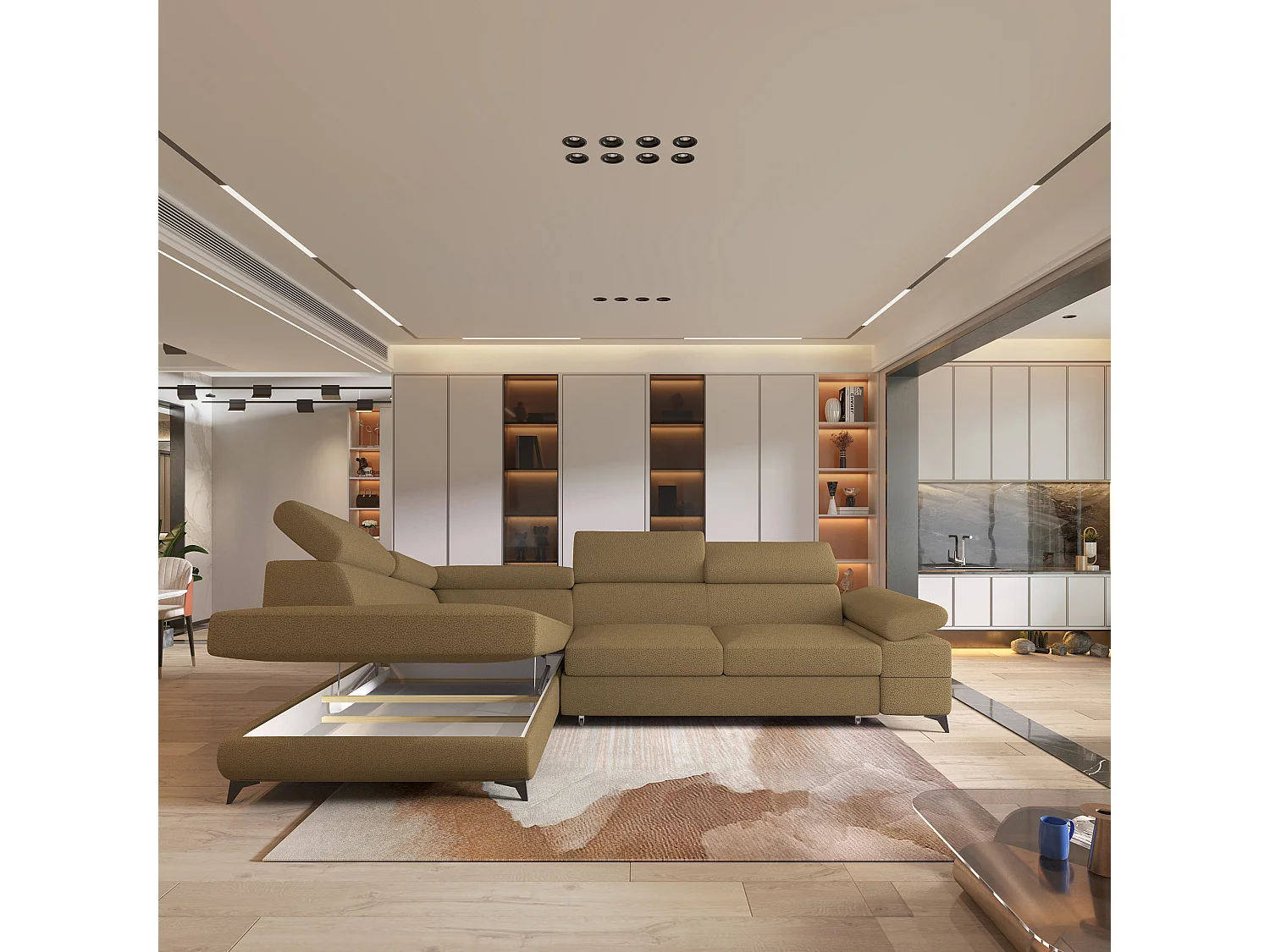 Hoekbank FAVIEN van fluweel met slaapfunctie Orange