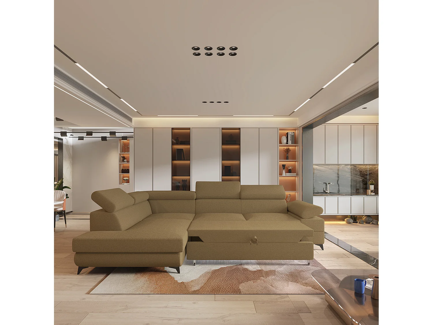 Hoekbank FAVIEN van fluweel met slaapfunctie Orange