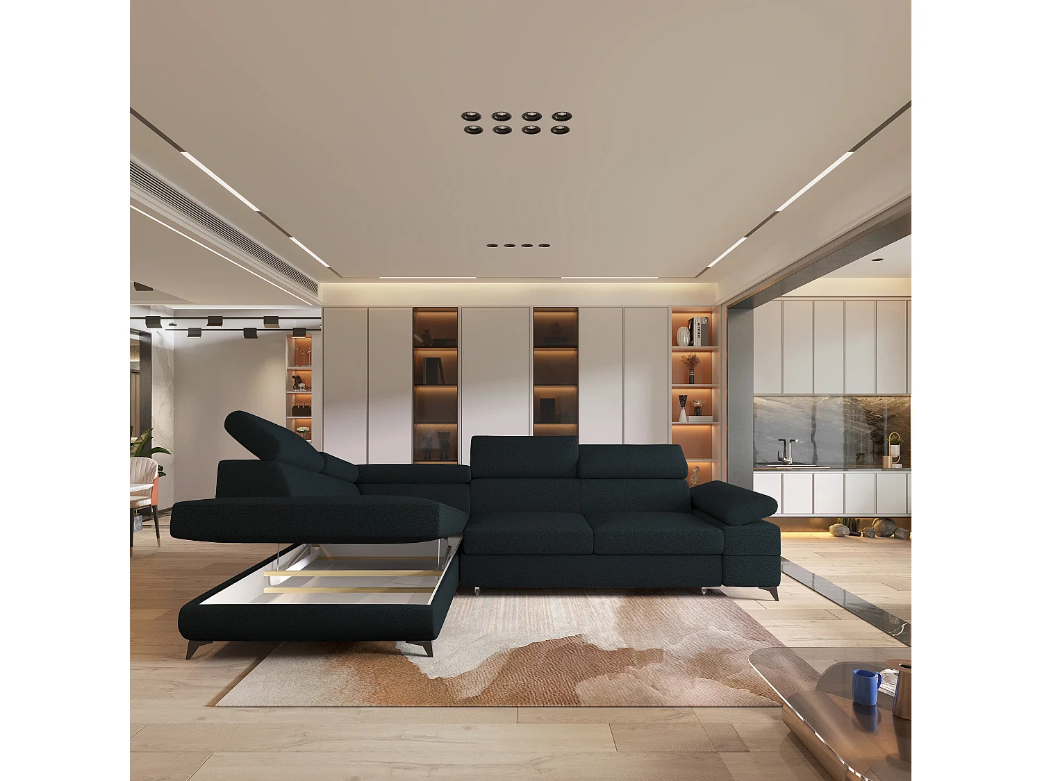 Hoekbank FAVIEN van fluweel met slaapfunctie Schwarz