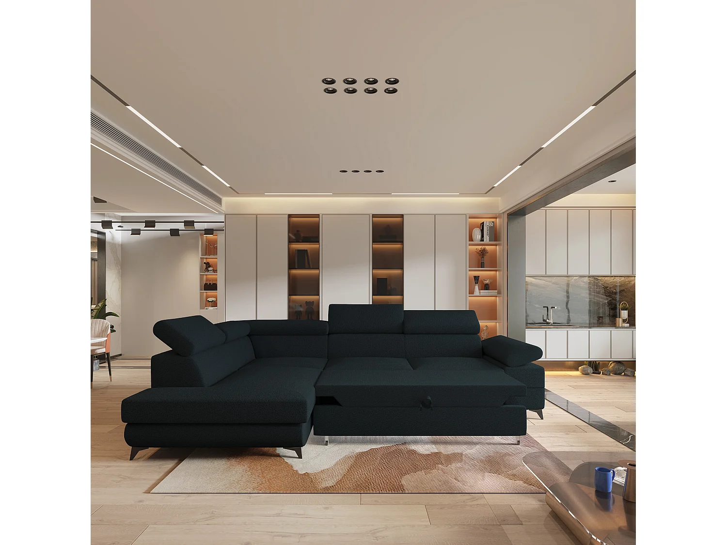 Hoekbank FAVIEN van fluweel met slaapfunctie Schwarz