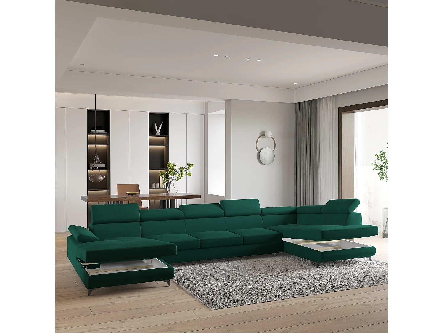 Hoekbank MONTIVA van fluweel met slaapfunctie Grün