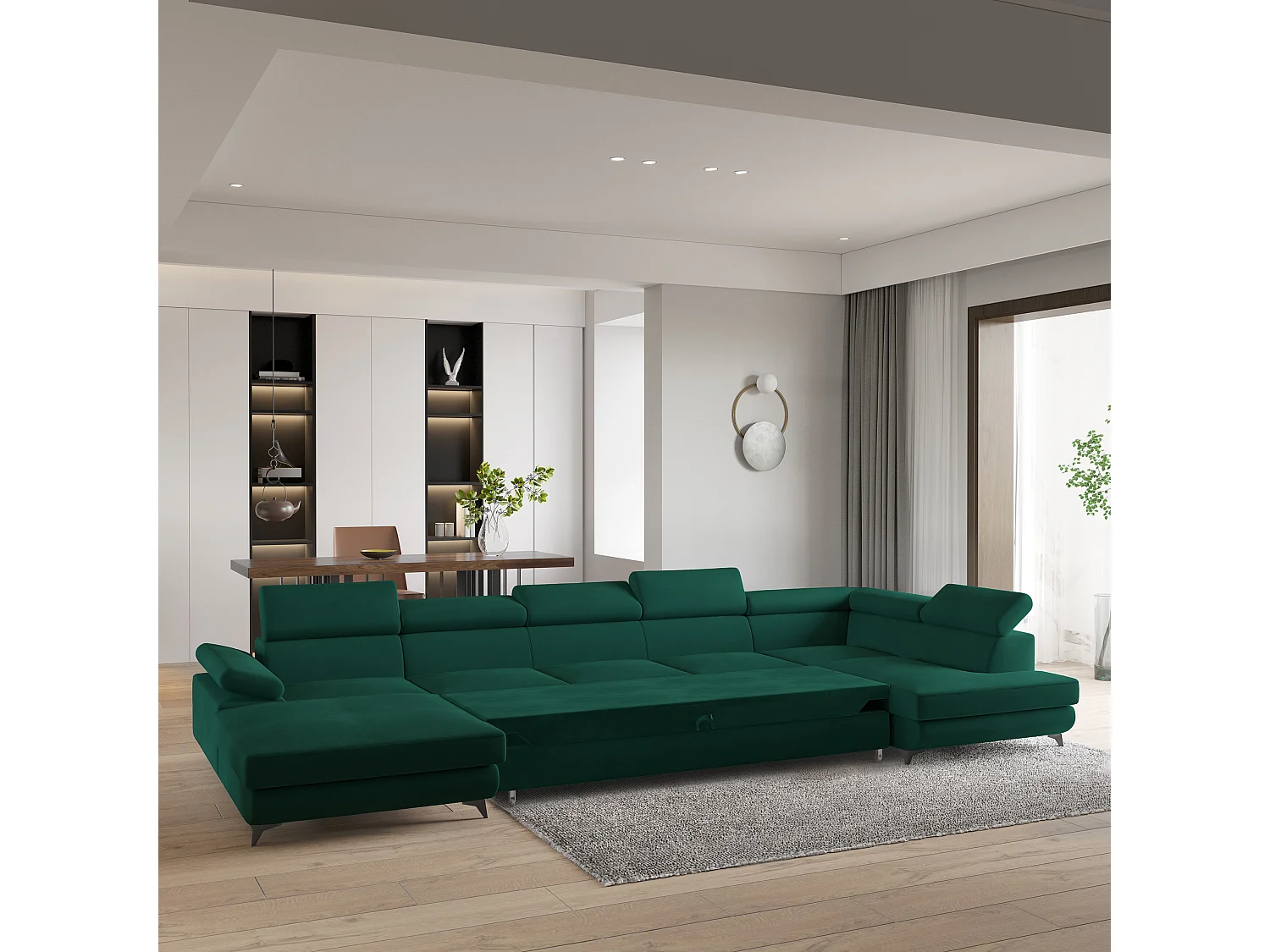 Hoekbank MONTIVA van fluweel met slaapfunctie Grün
