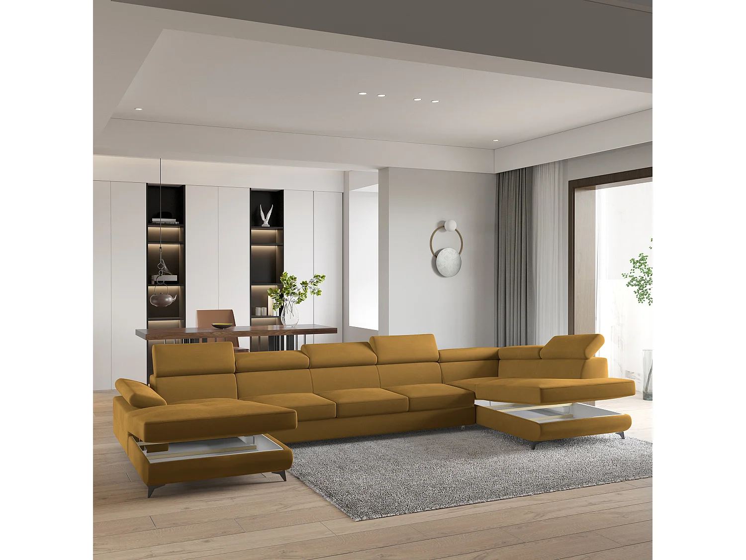 Hoekbank MONTIVA van fluweel met slaapfunctie Gelb