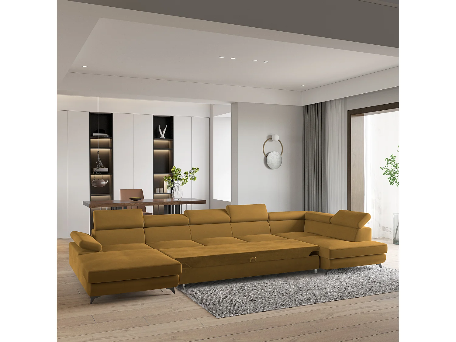 Hoekbank MONTIVA van fluweel met slaapfunctie Gelb