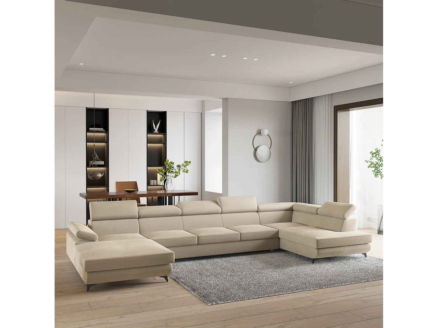 Hoekbank MONTIVA van fluweel met slaapfunctie Creme