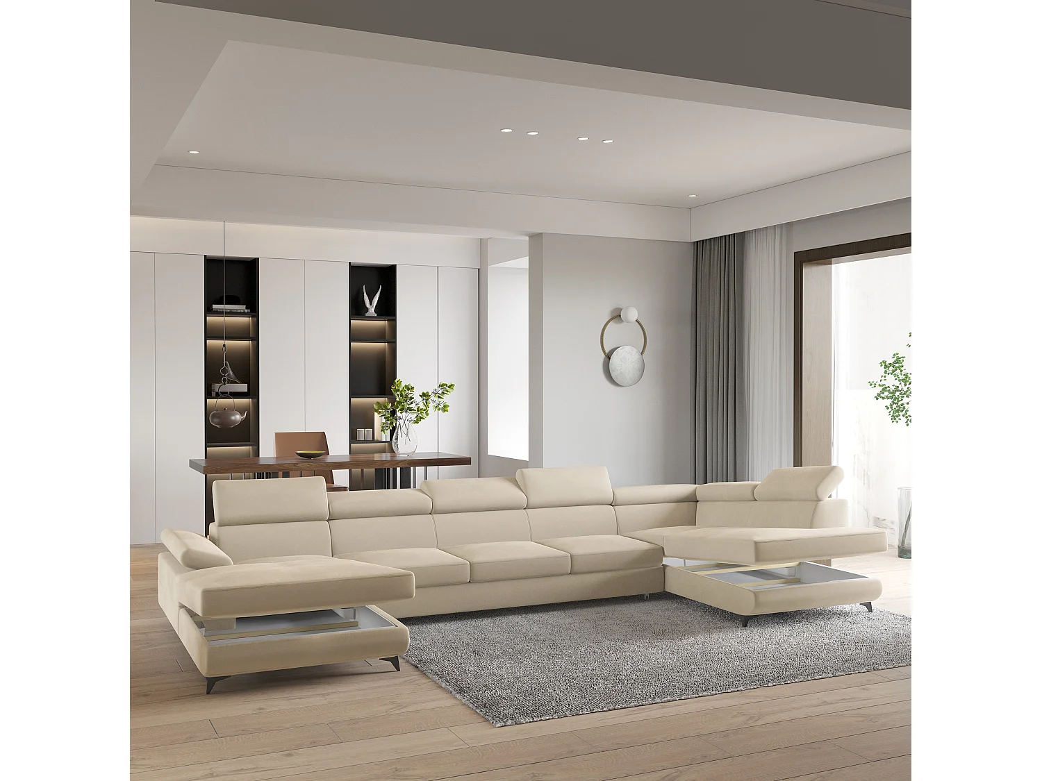 Hoekbank MONTIVA van fluweel met slaapfunctie Creme